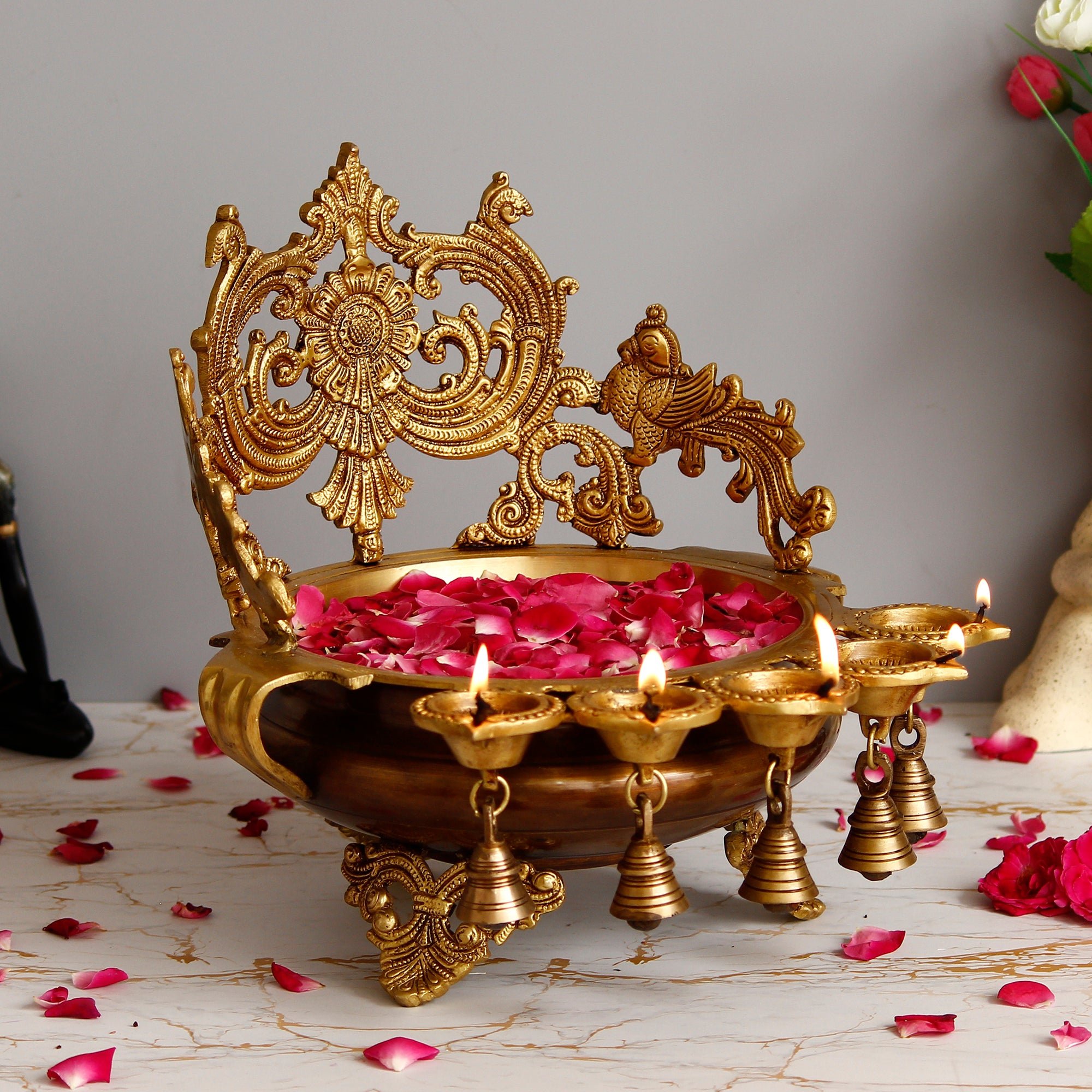 Premium Golden Decorative Handcrafted Ethnic Brass Urli bowl With Bells and 5 Diya's 1