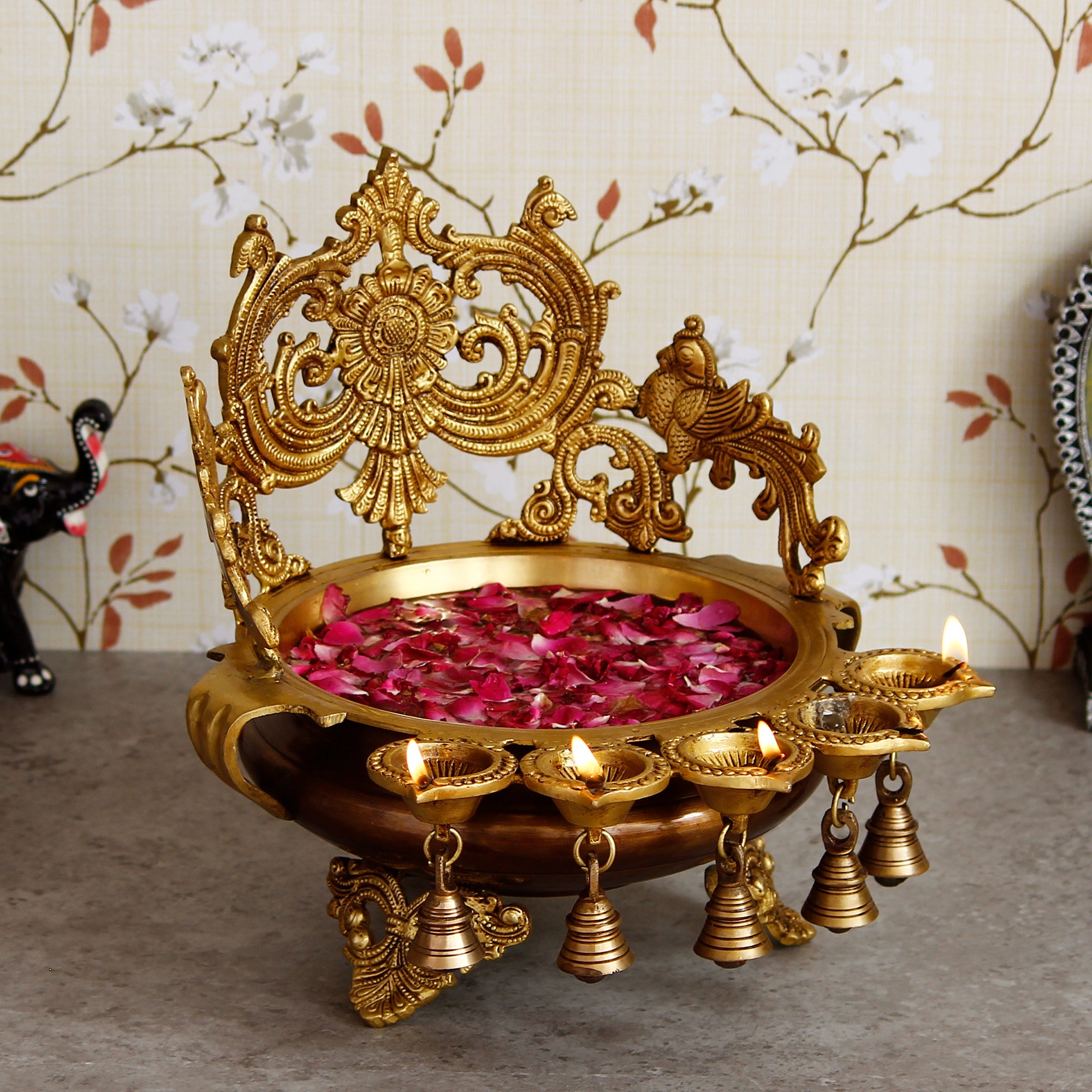 Premium Golden Decorative Handcrafted Ethnic Brass Urli bowl With Bells and 5 Diya's