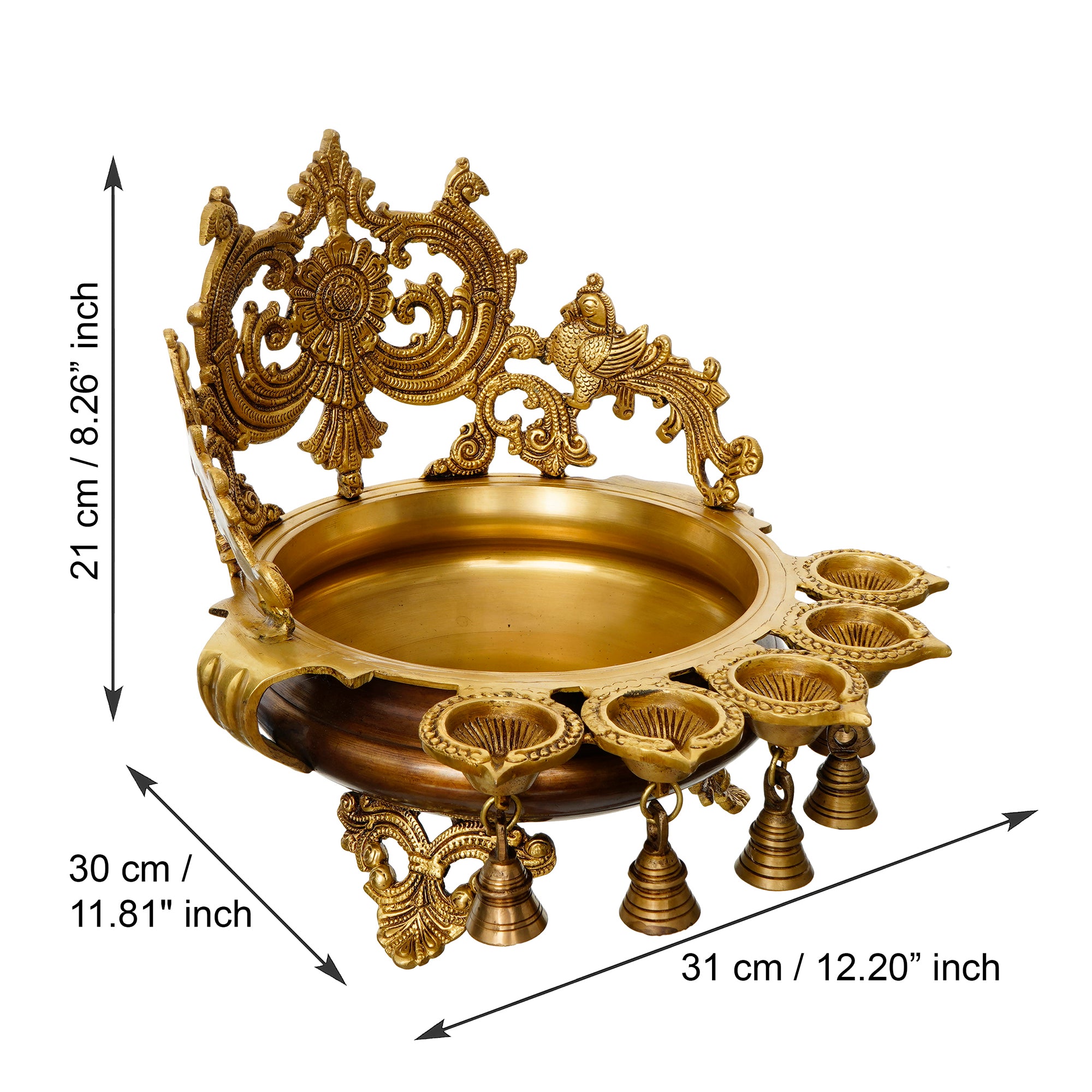 Premium Golden Decorative Handcrafted Ethnic Brass Urli bowl With Bells and 5 Diya's 3