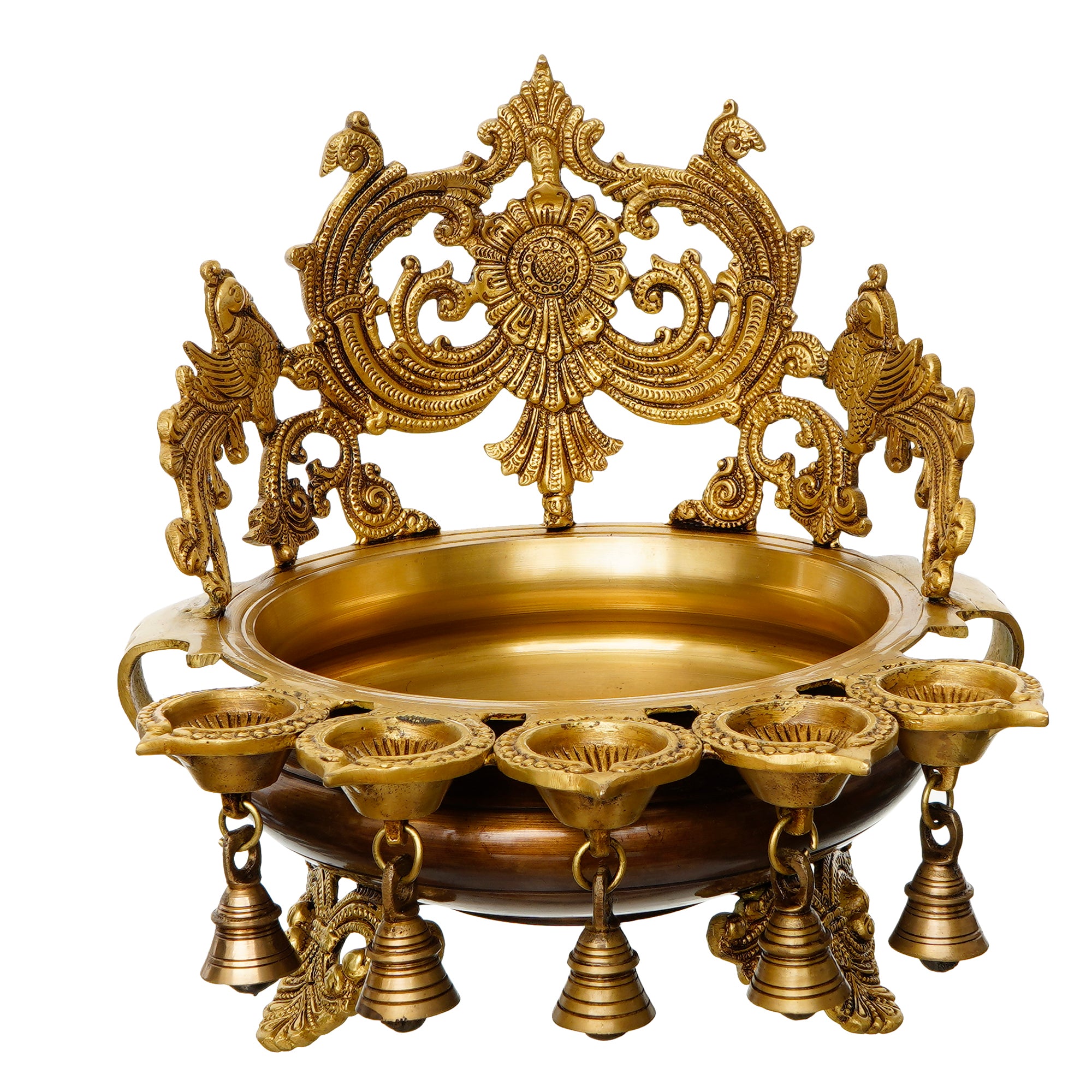 Premium Golden Decorative Handcrafted Ethnic Brass Urli bowl With Bells and 5 Diya's 6