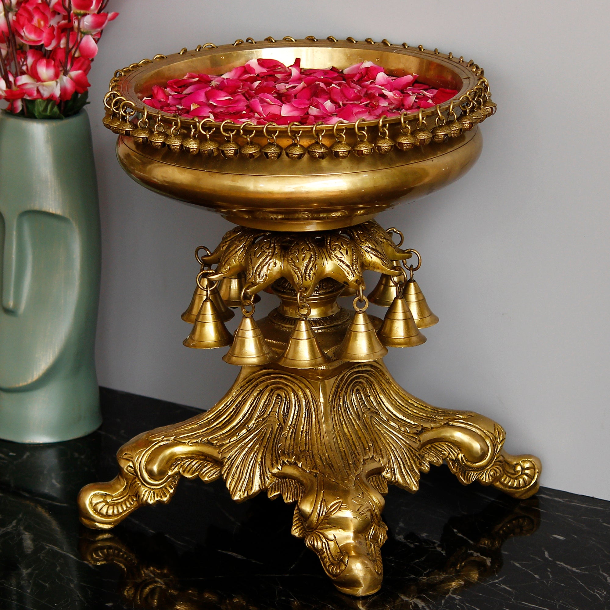 Golden Handcrafted Ethnic Carved Brass Decorative Urli With Bells and Stand