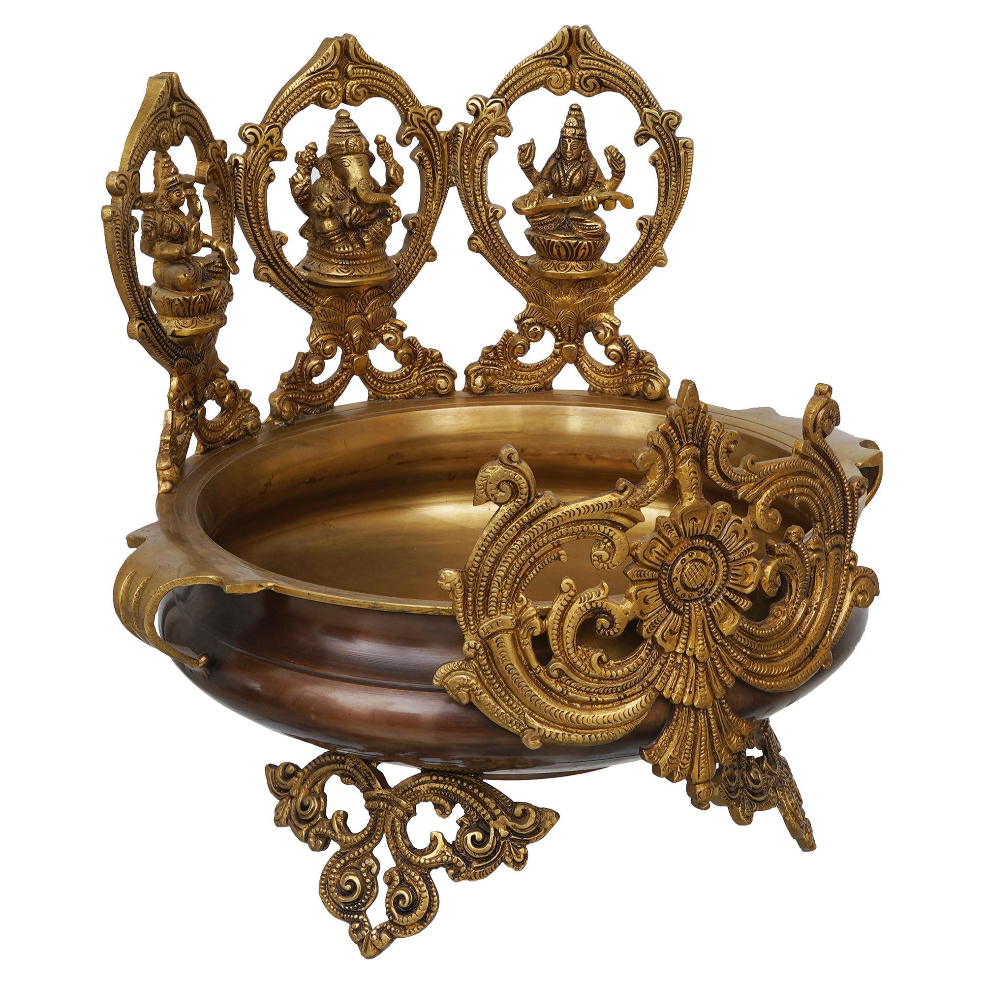 eCraftIndia Golden Lord Ganesha, Goddess Lakshmi & Saraswati Idols Decorative Brass Urli 2