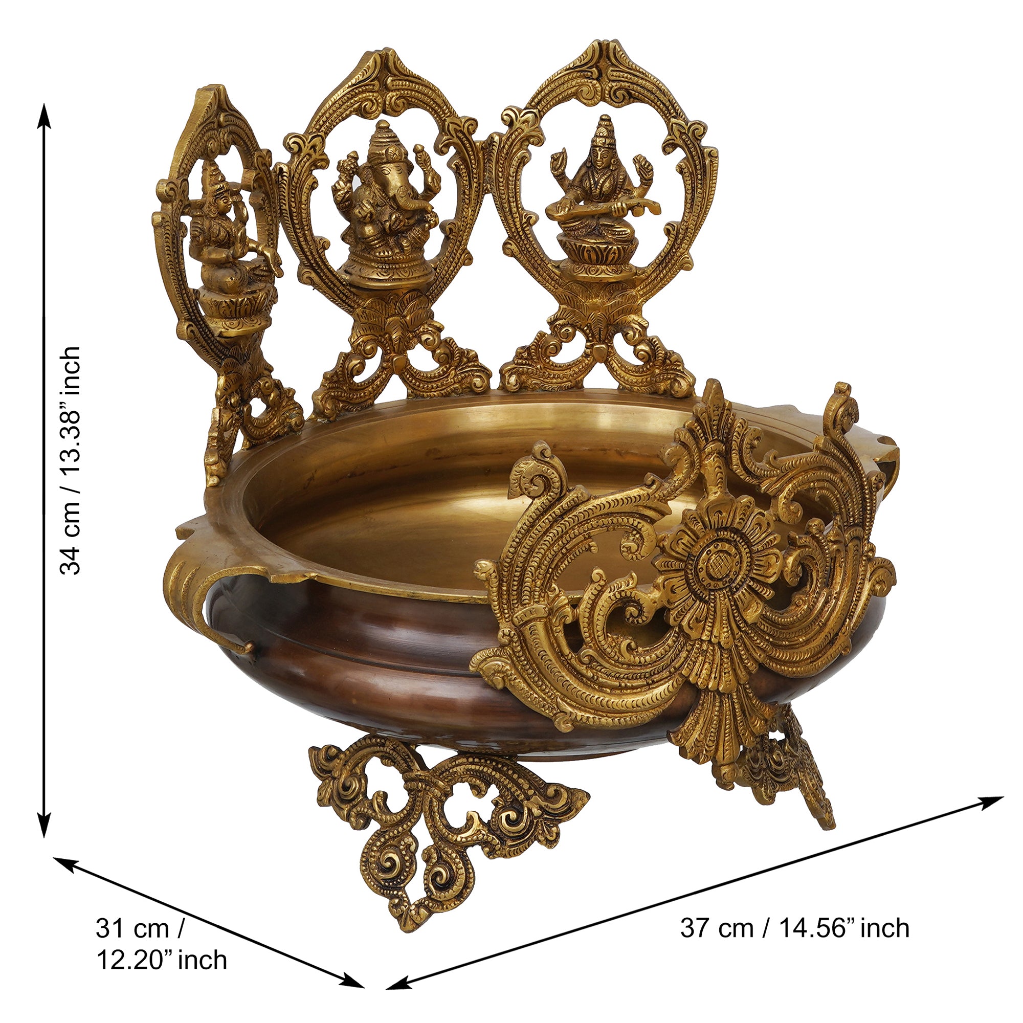 eCraftIndia Golden Lord Ganesha, Goddess Lakshmi & Saraswati Idols Decorative Brass Urli 3