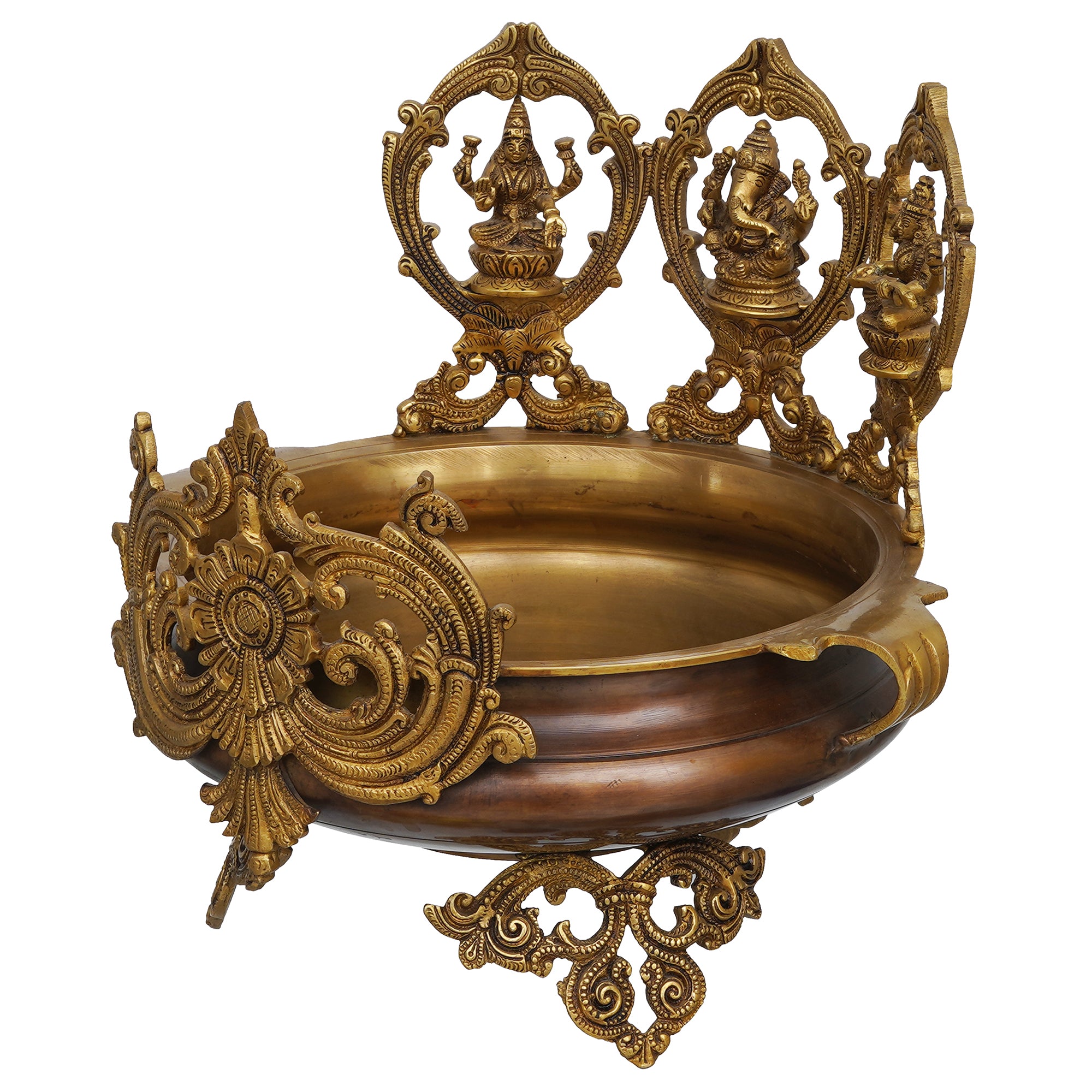 eCraftIndia Golden Lord Ganesha, Goddess Lakshmi & Saraswati Idols Decorative Brass Urli 4
