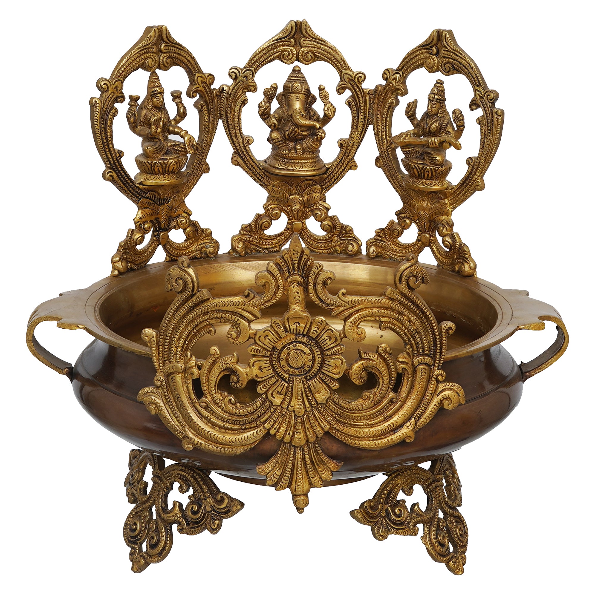 eCraftIndia Golden Lord Ganesha, Goddess Lakshmi & Saraswati Idols Decorative Brass Urli 5