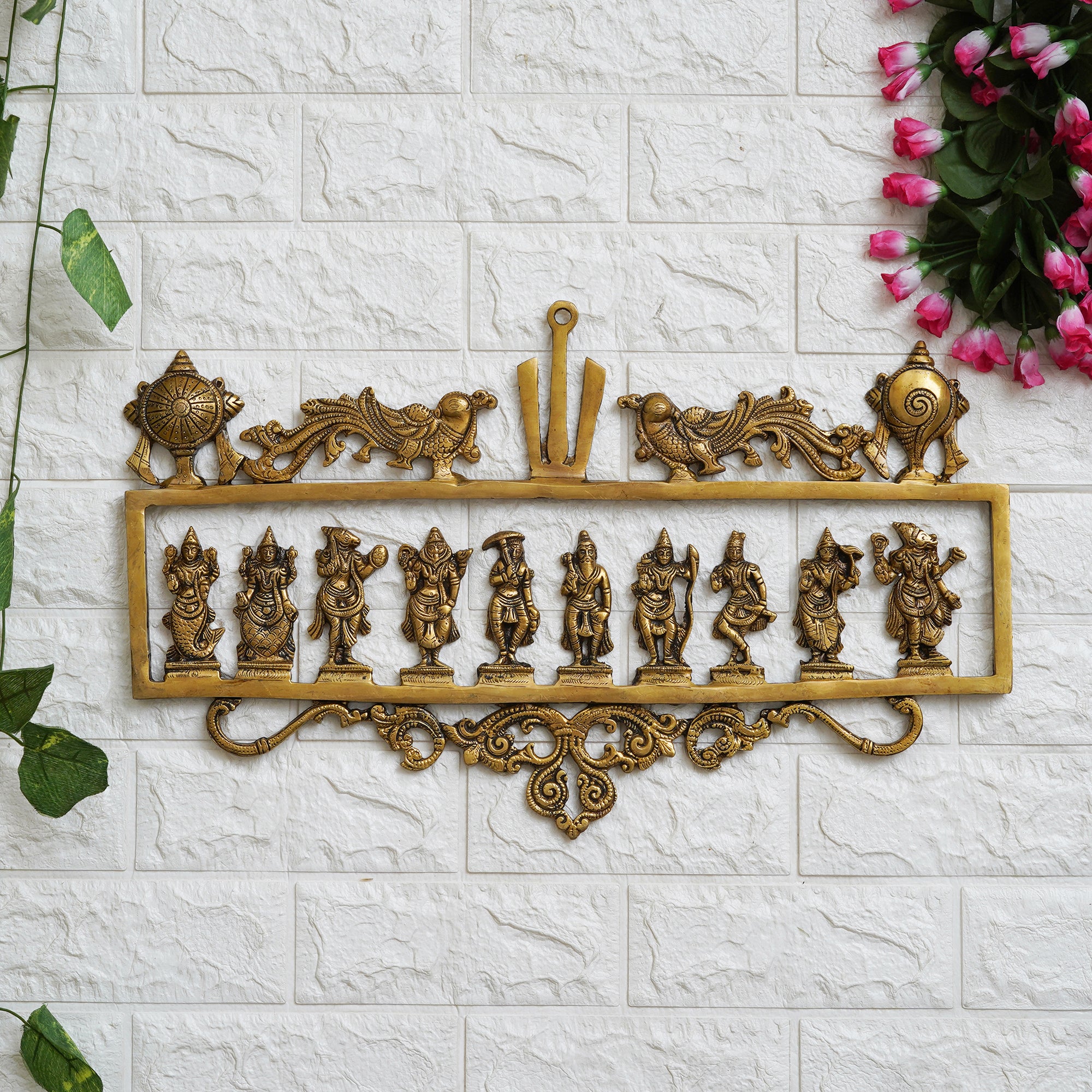 eCraftIndia Golden Brass Vishnu Dashavatara - Ten Incarnations of Lord Vishnu Religious Wall Hanging