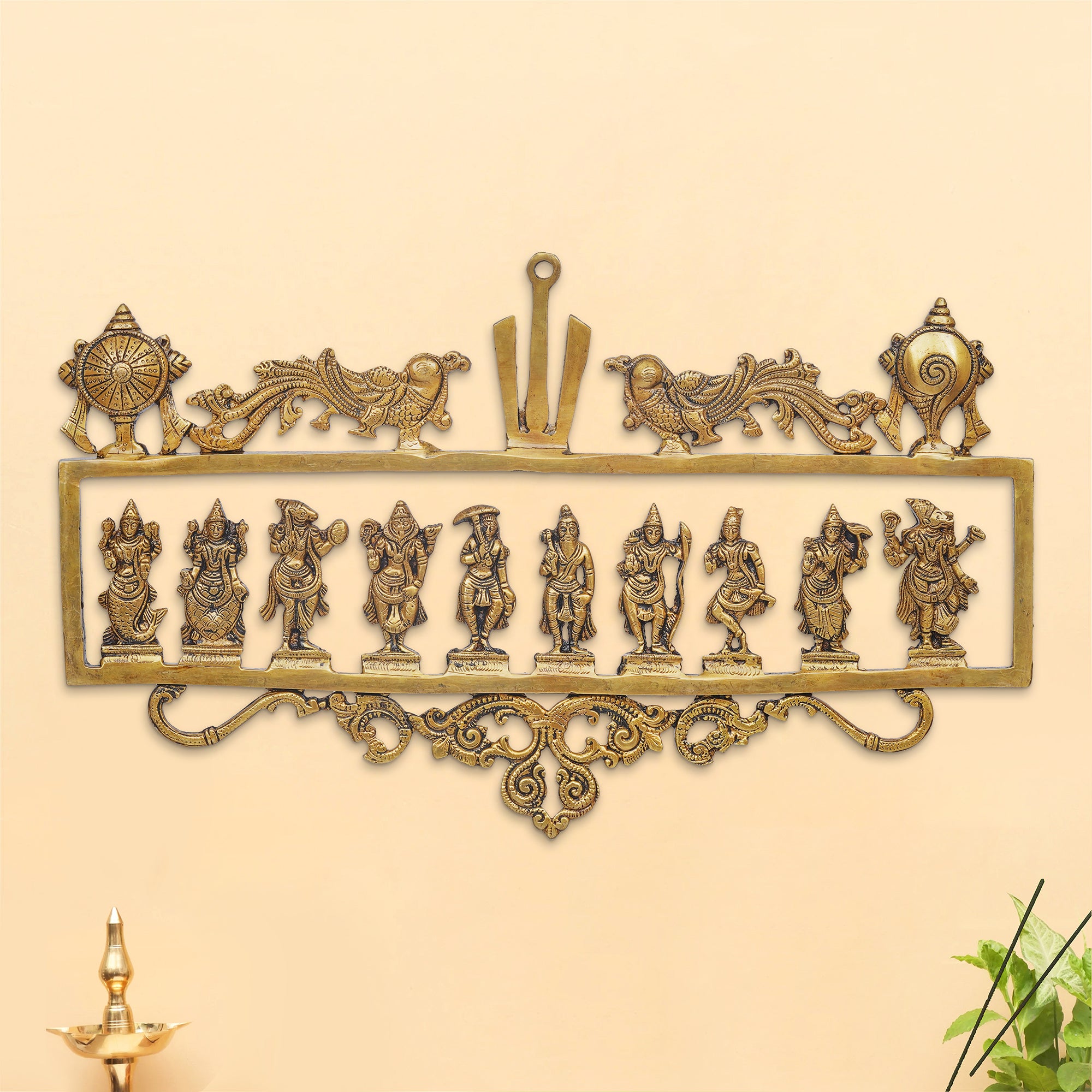 eCraftIndia Golden Brass Vishnu Dashavatara - Ten Incarnations of Lord Vishnu Religious Wall Hanging 5