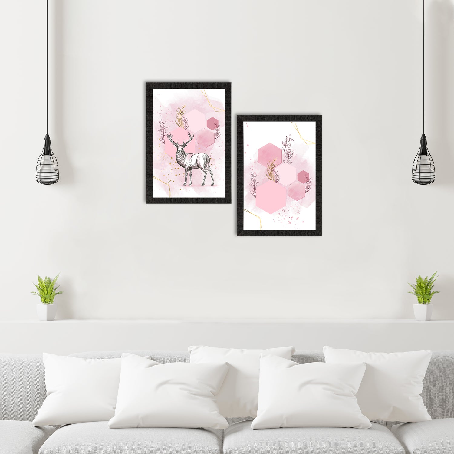 Pink Pastel Abstract Deer Set of 2 Satin Matt Texture UV Art Painting 1