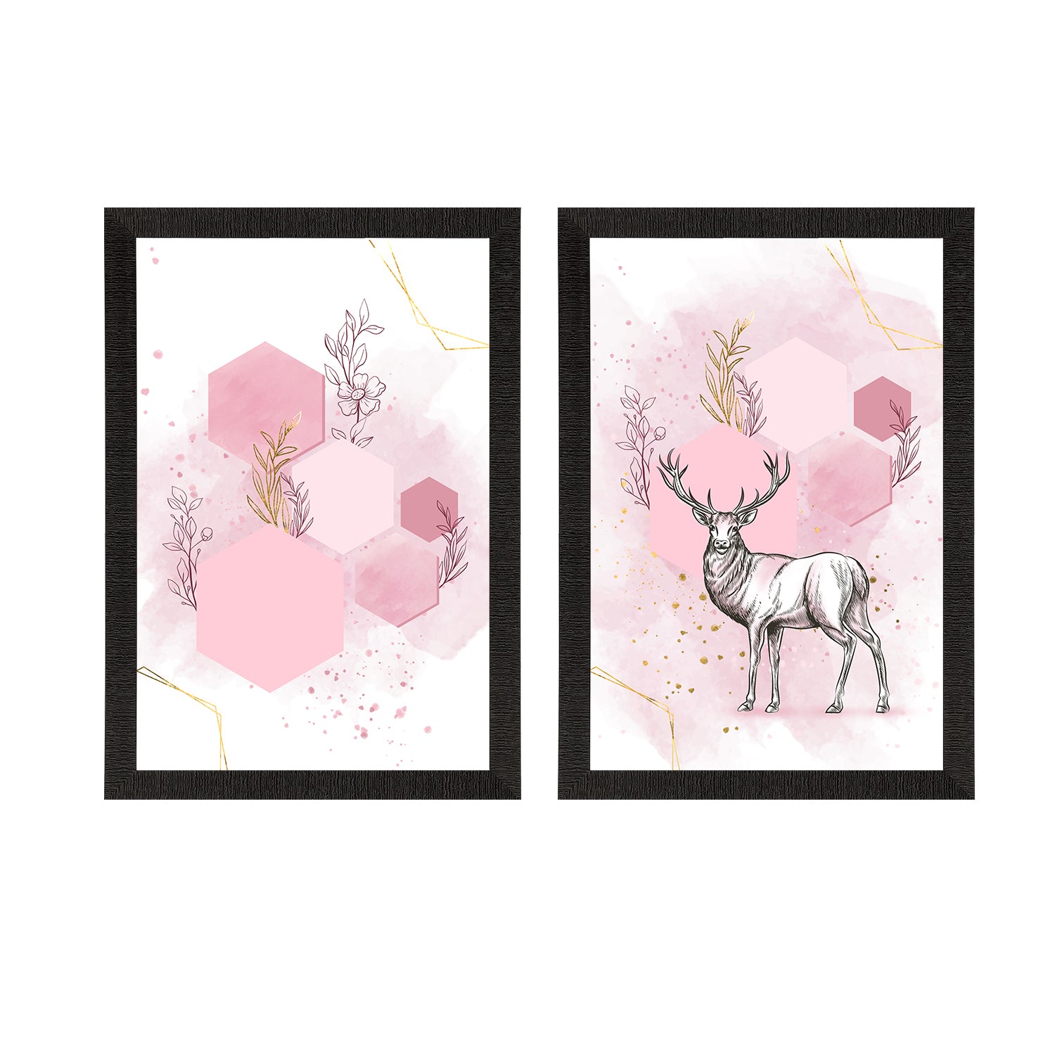 Pink Pastel Abstract Deer Set of 2 Satin Matt Texture UV Art Painting 2