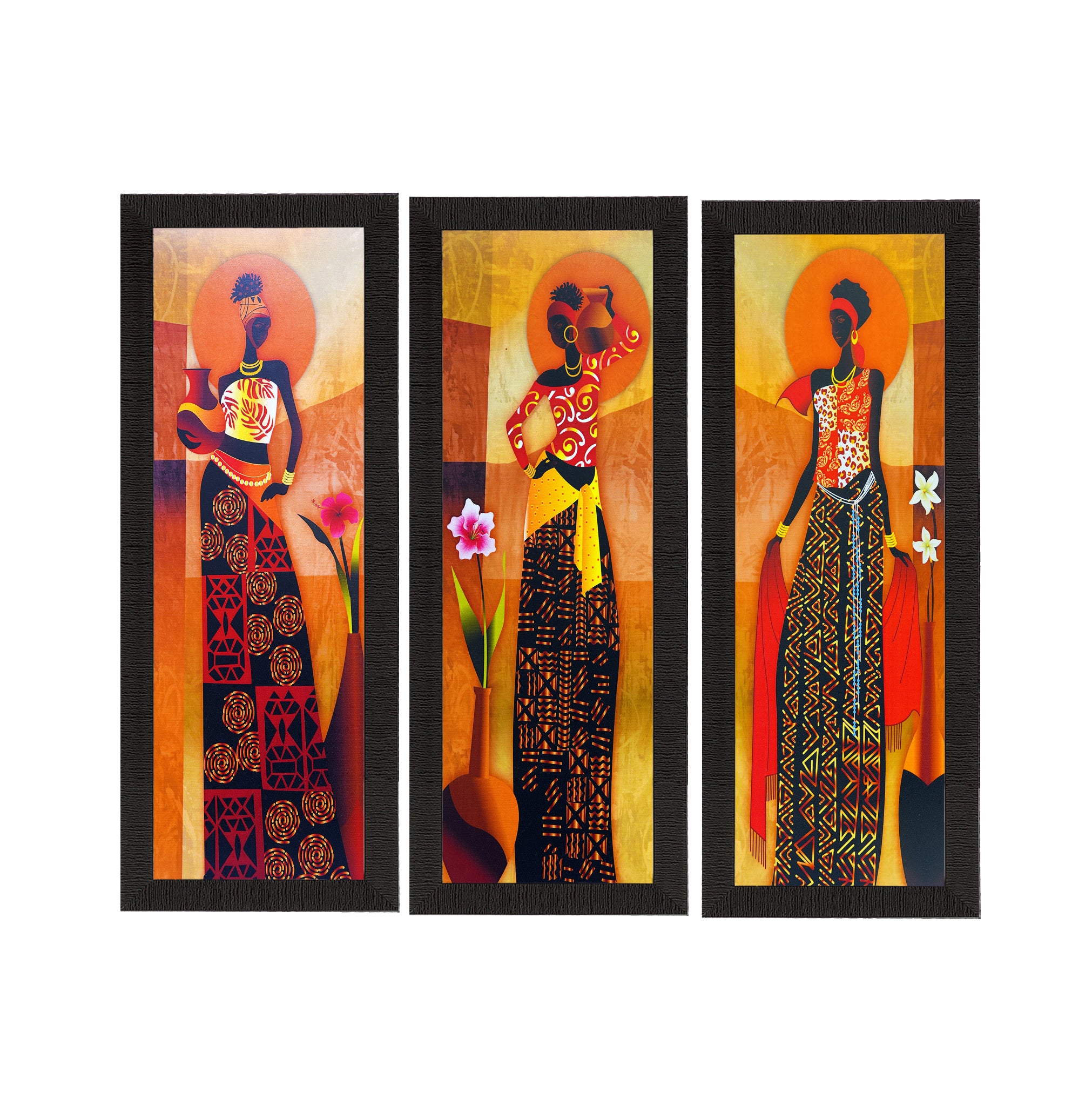 Set Of 3 Tribal Village Ladies Satin Matt Texture UV Art Painting