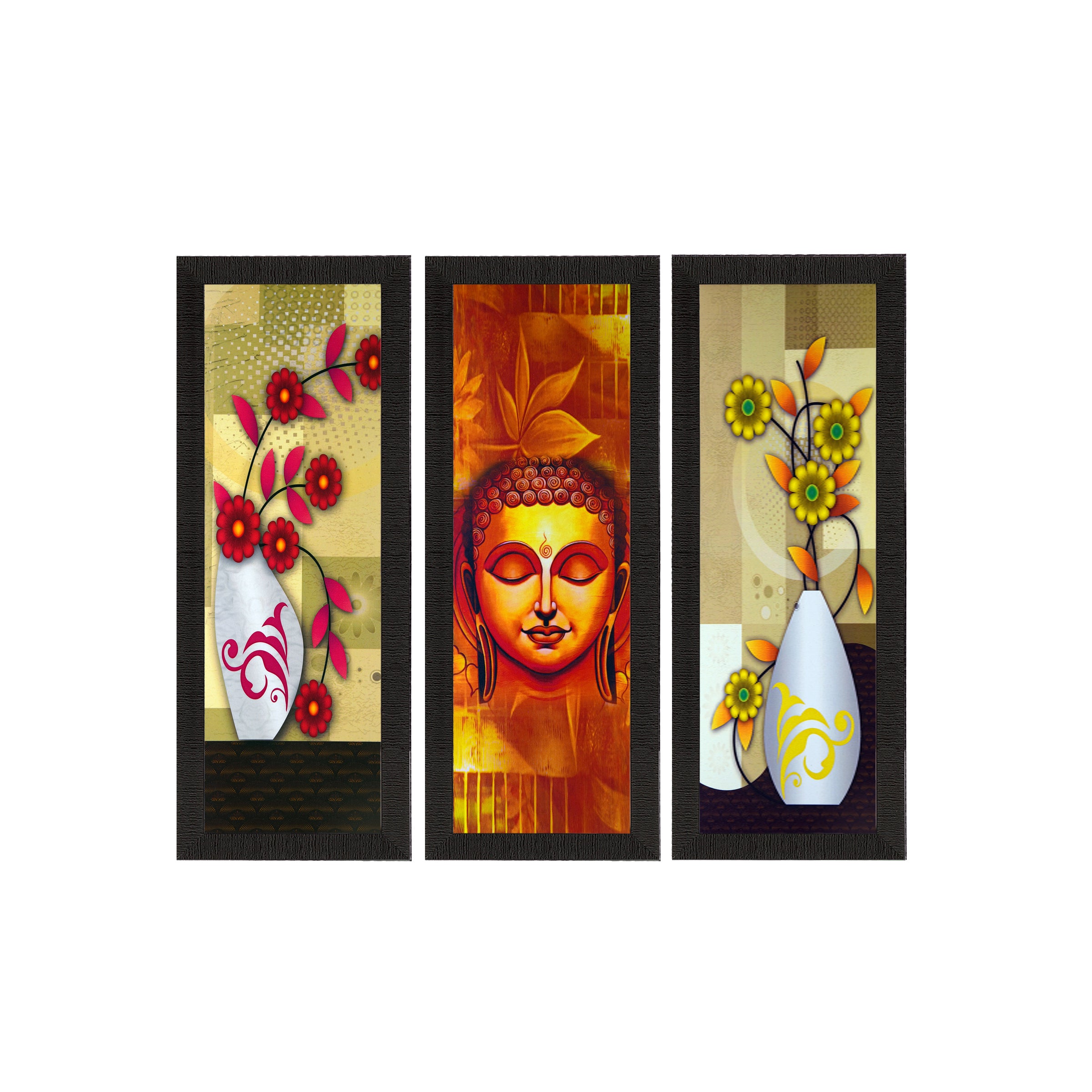 Set Of 3 Lord Buddha and Botanical Floral Satin Matt Texture UV Art Painting