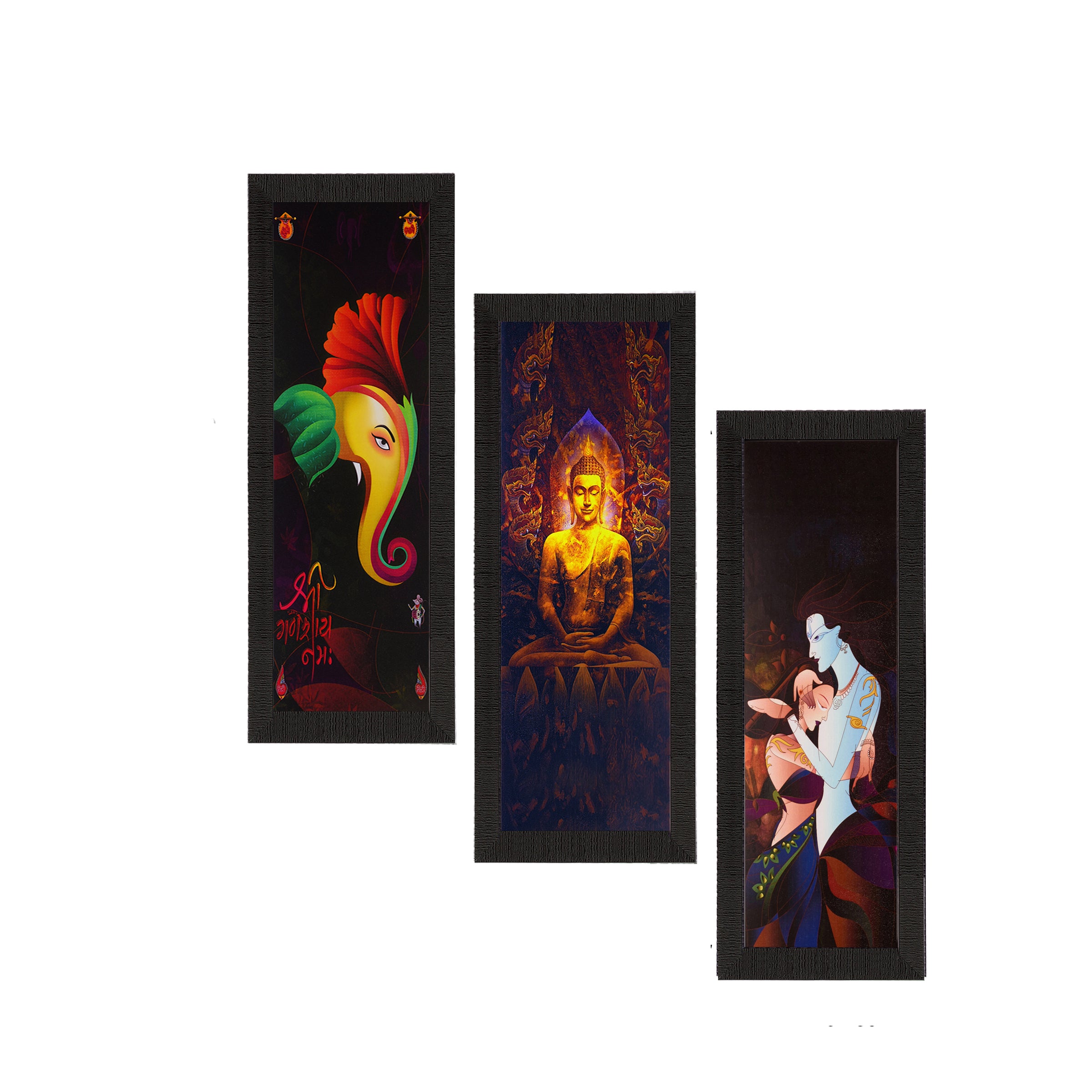 Set Of 3 Radha Krishna, Ganesha, Buddha Satin Matt Texture UV Art Painting
