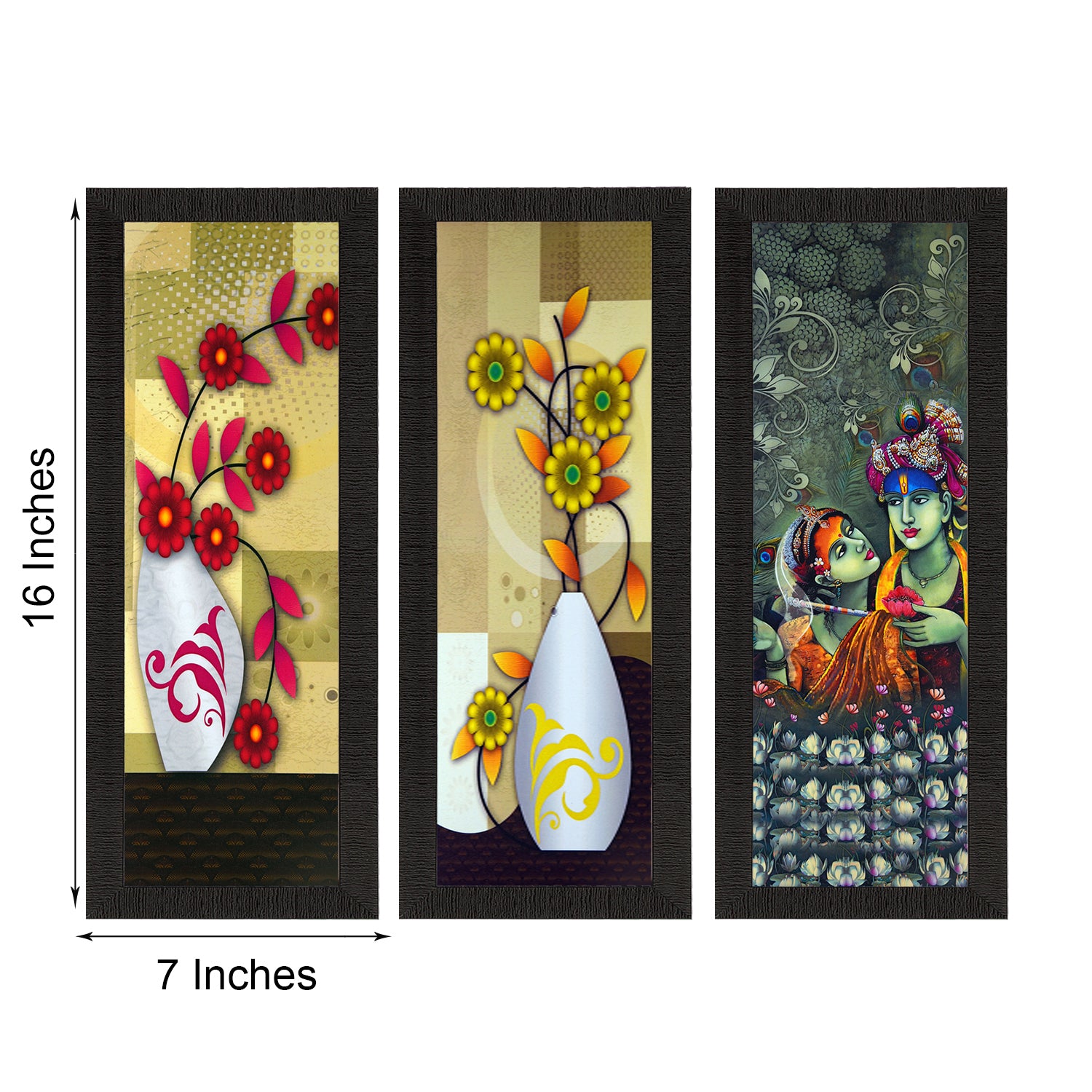 Set Of 3 Radha Krishna and Botanical Satin Matt Texture UV Art Painting 3