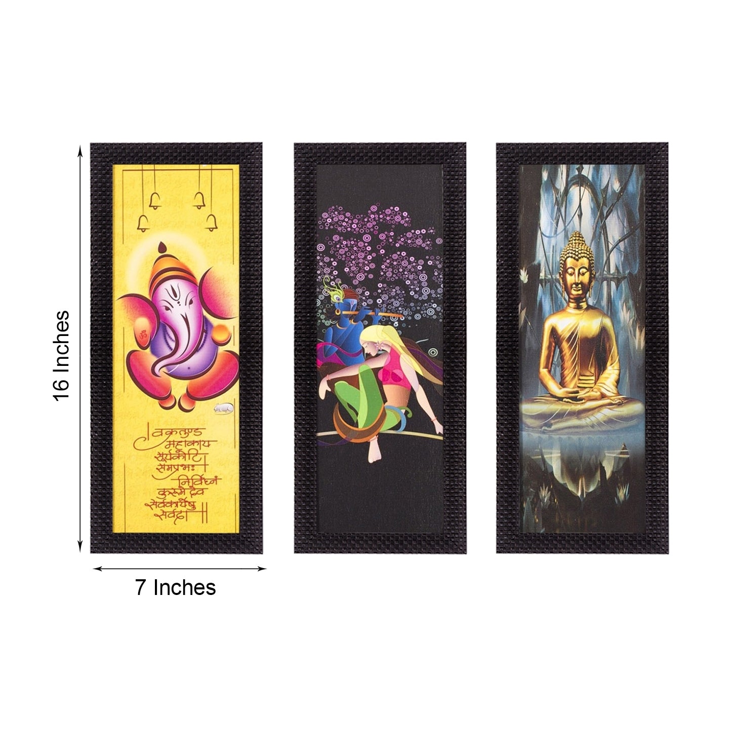 Set Of 3 Radha Krishna, Ganesha, Buddha Satin Matt Texture UV Art Painting 3