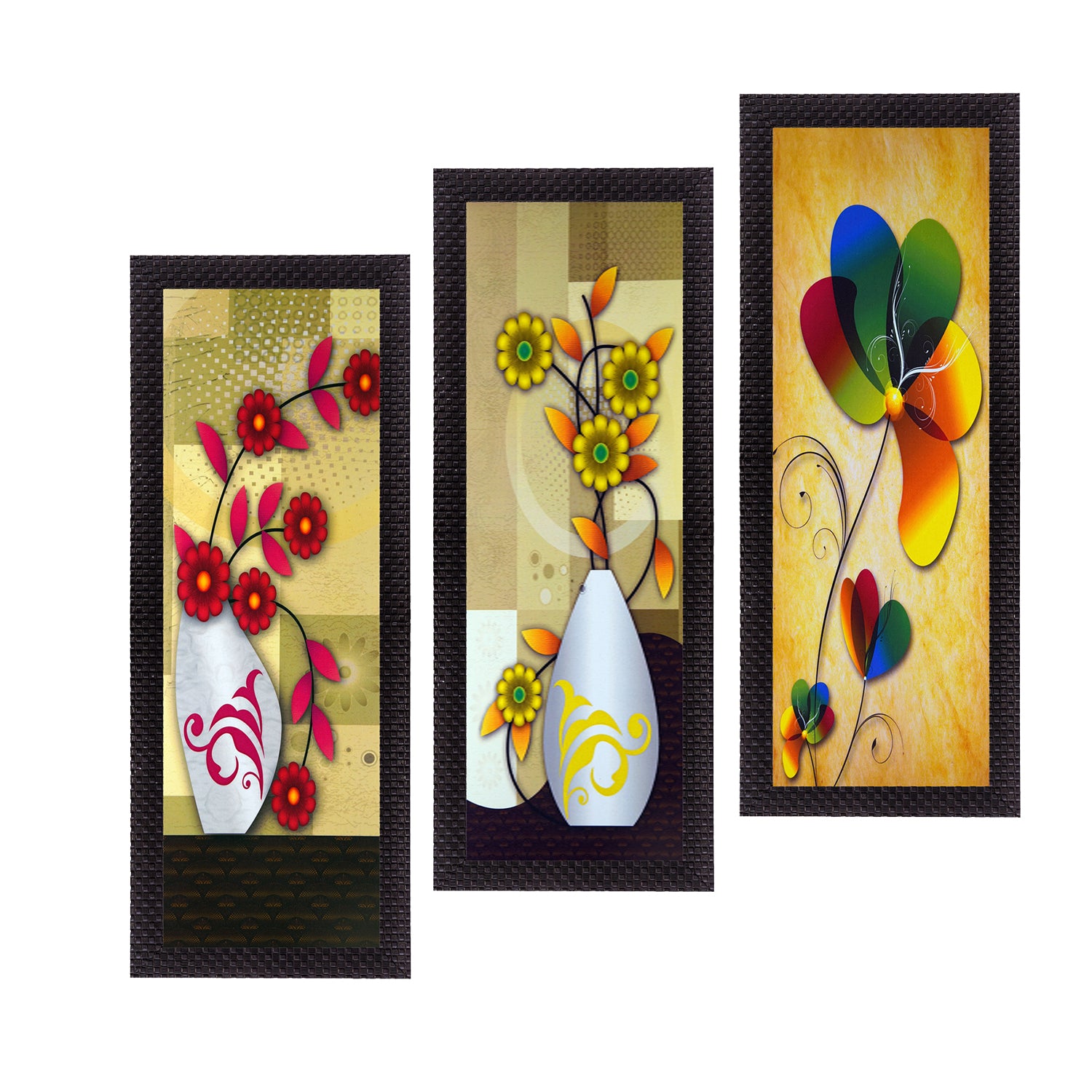 Set Of 3 Decorative Floral Botanical Pot Satin Matt Texture UV Art Painting