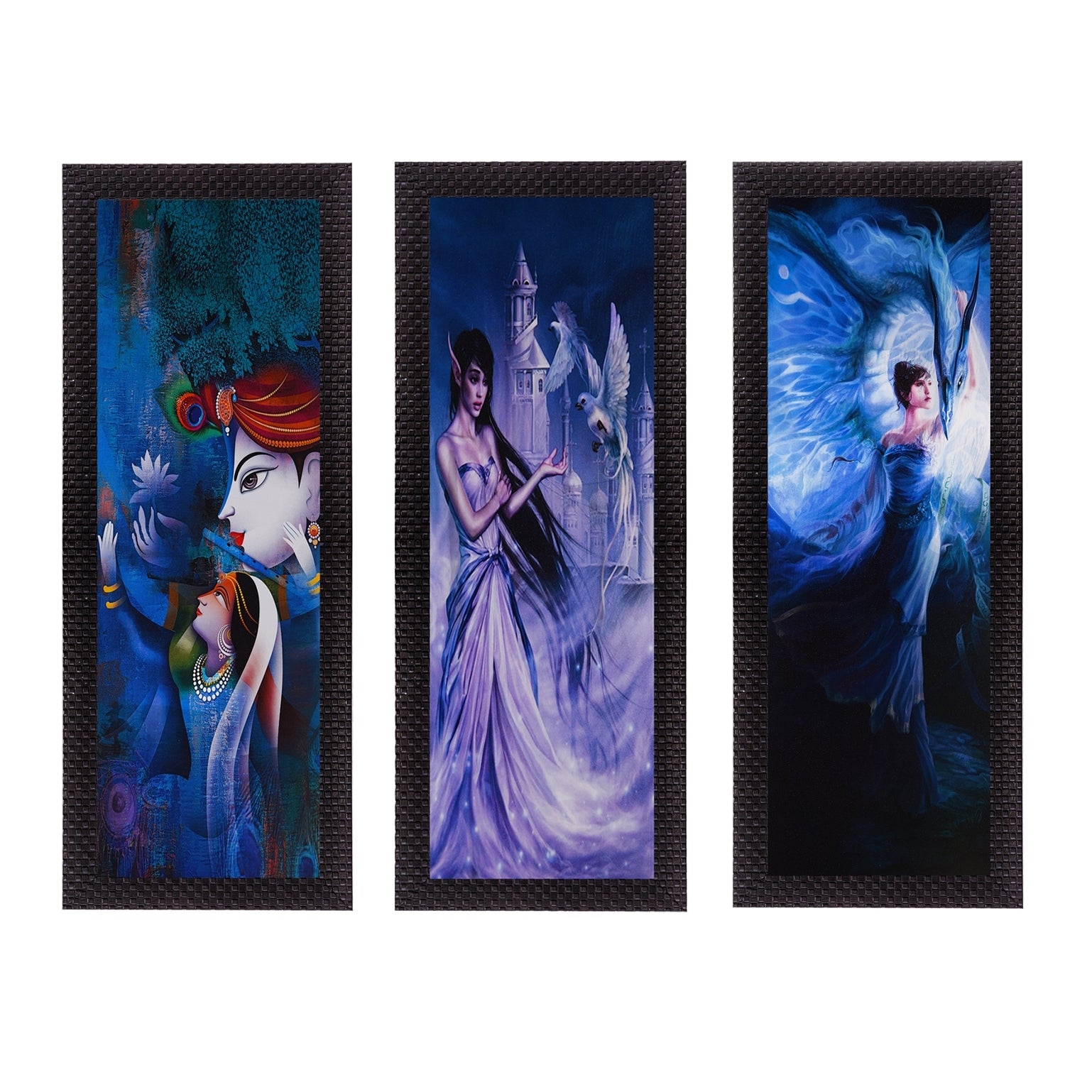 Set Of 3 Radha Krishna & Dancing Angels Satin Matt Texture UV Art Painting