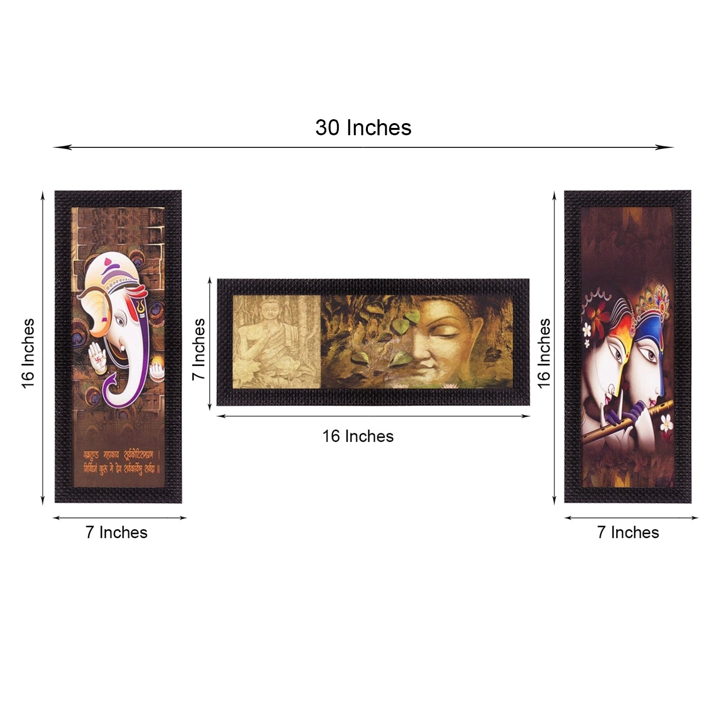 Set Of 3 Radha Krishna, Ganesha, Buddha Satin Matt Texture UV Art Painting 1