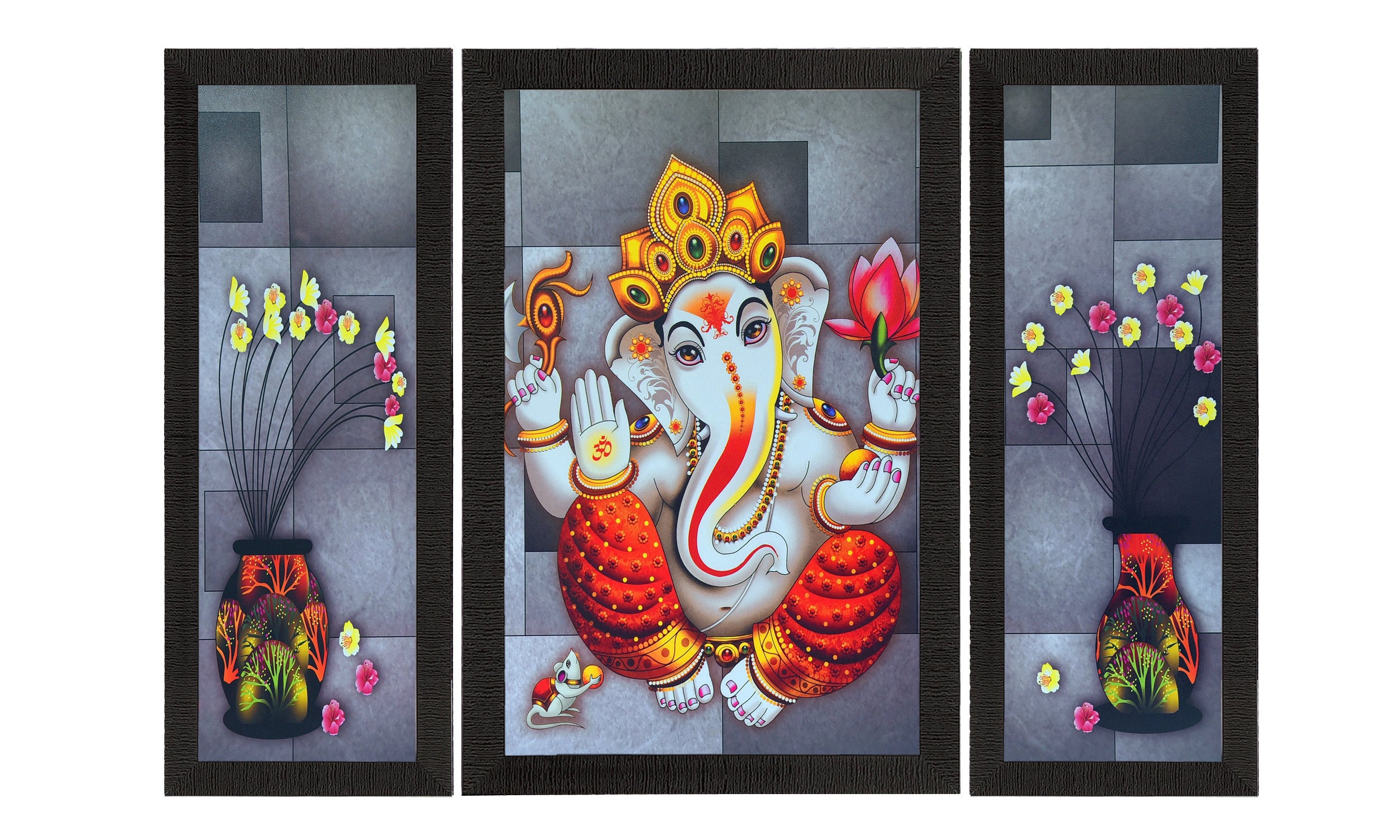 Set Of 3 Lord Ganesha and Flora Satin Matt Texture UV Art Painting