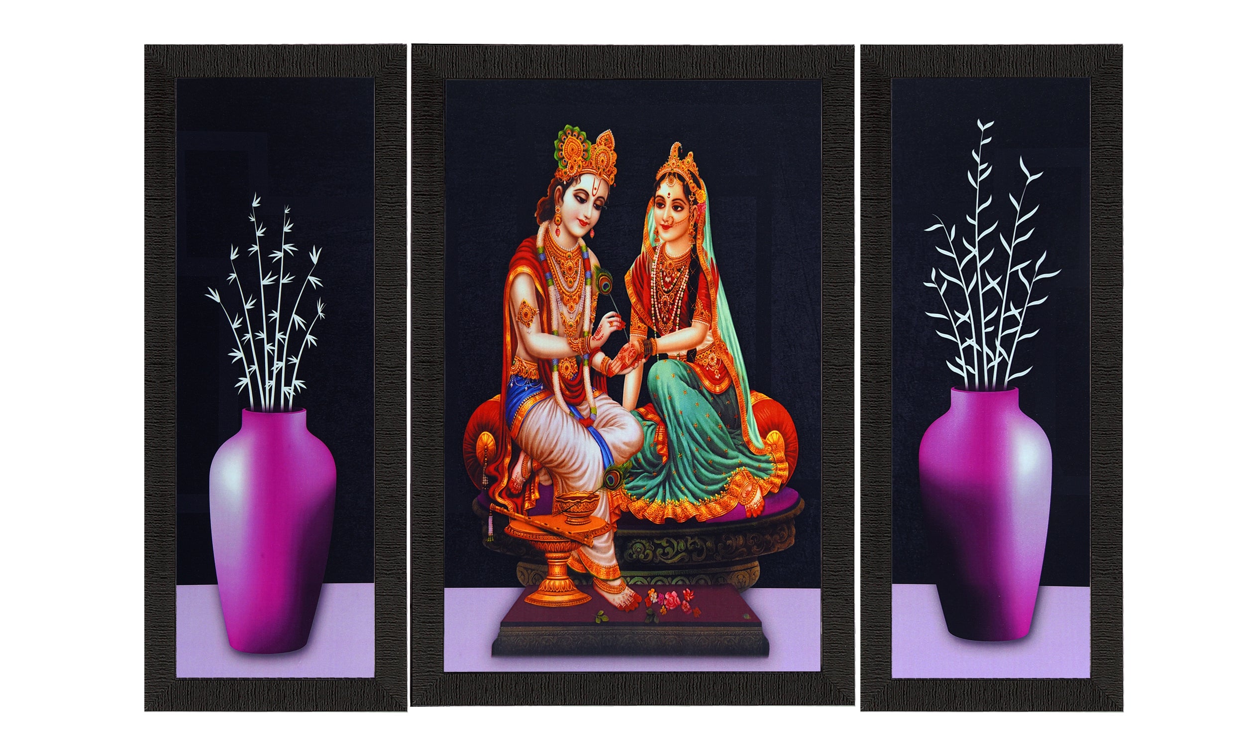 Set Of 3 Lord Krishna Radha and Flowers Satin Matt Texture UV Art Painting