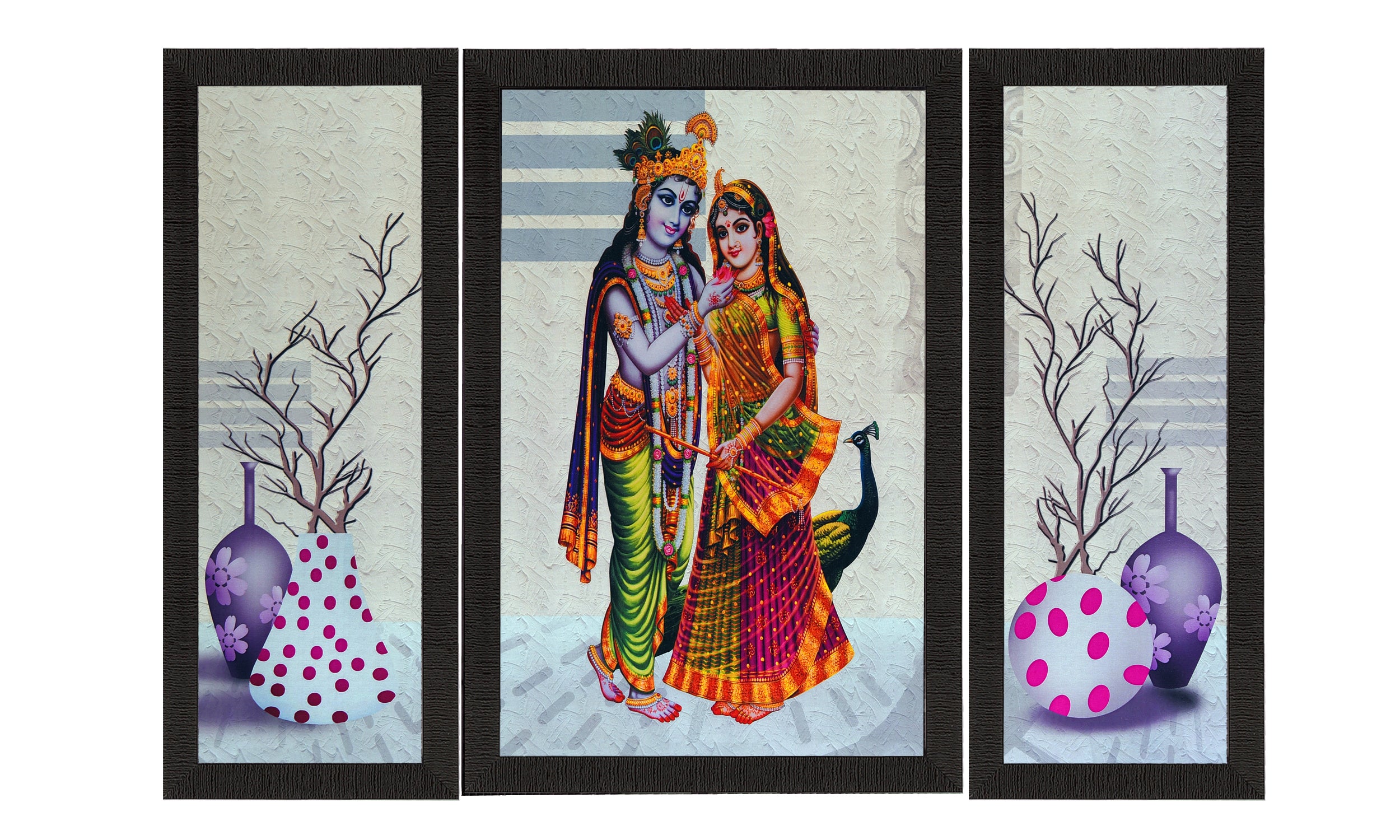 Set of 3 Floral and Radha Krishna Satin Matt Texture UV Art Painting