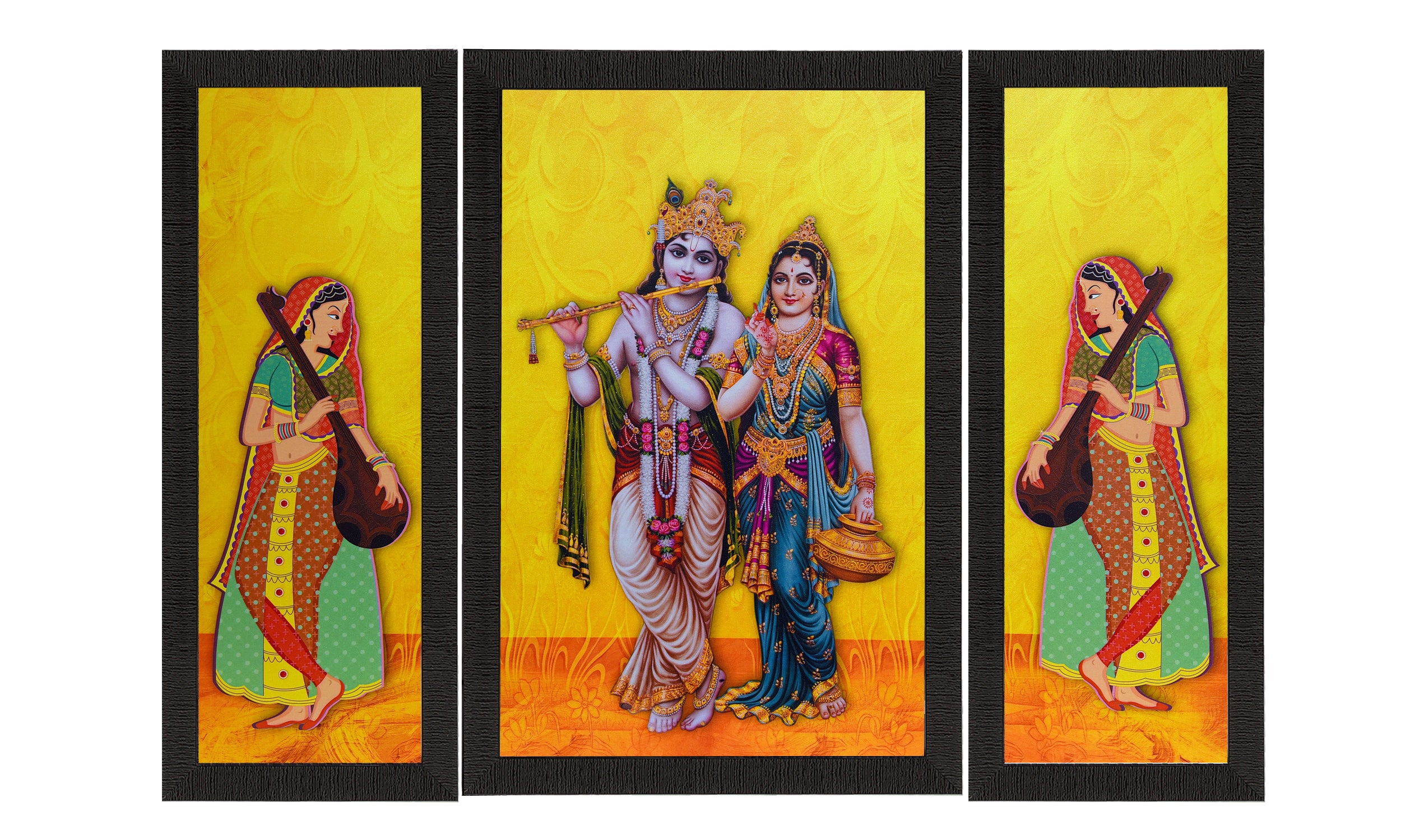 Set Of 3 Lord Krishna With Radha Satin Matt Texture UV Art Painting