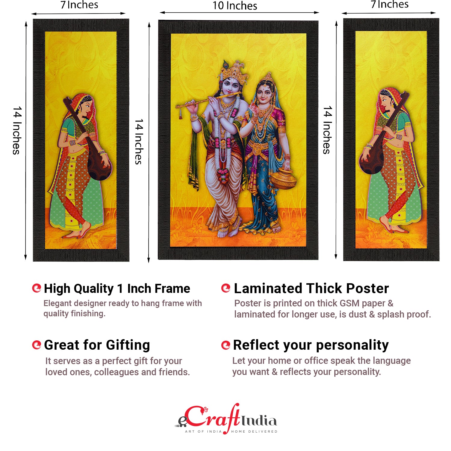 Set Of 3 Lord Krishna With Radha Satin Matt Texture UV Art Painting 2