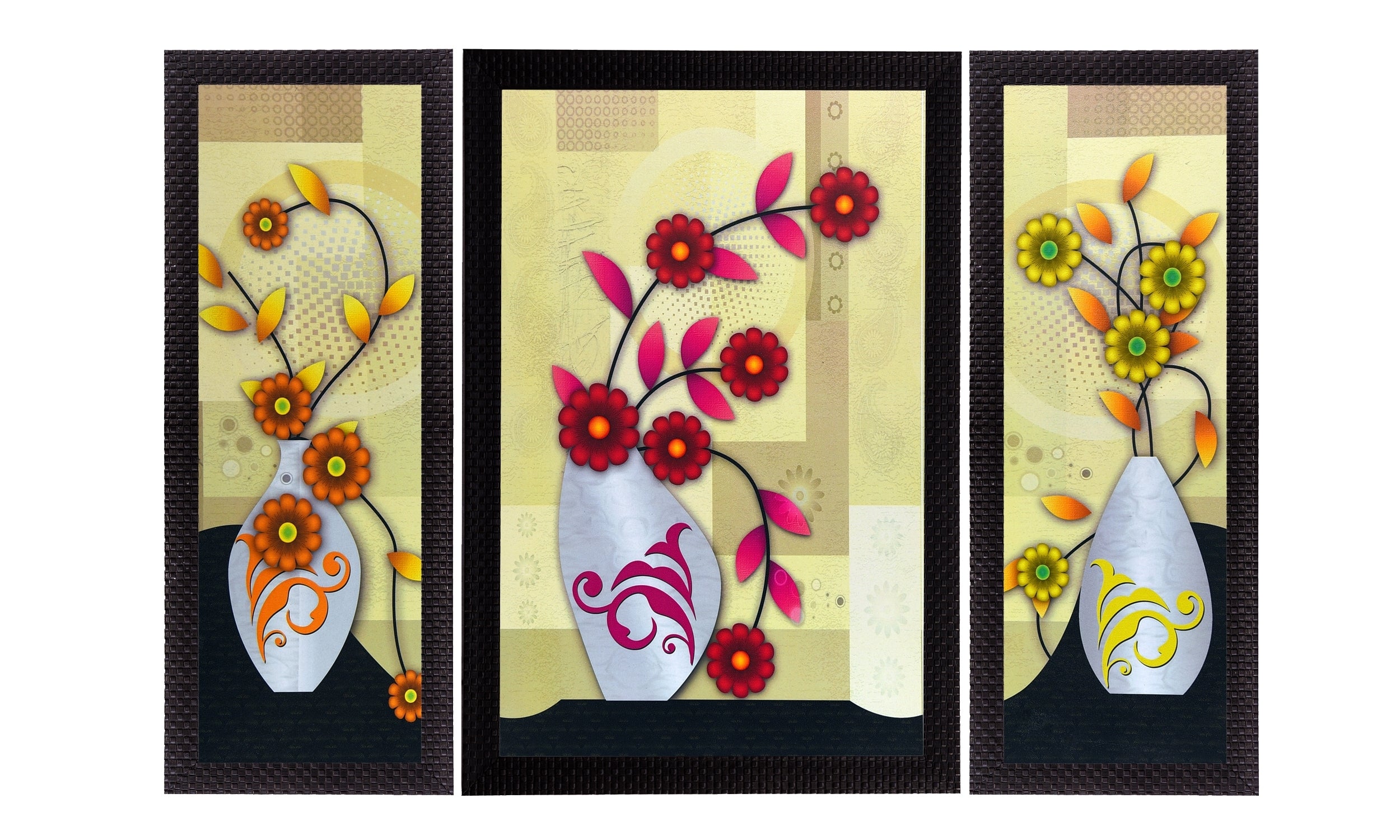 Set Of 3 Geometrical Floral Satin Matt Texture UV Art Painting