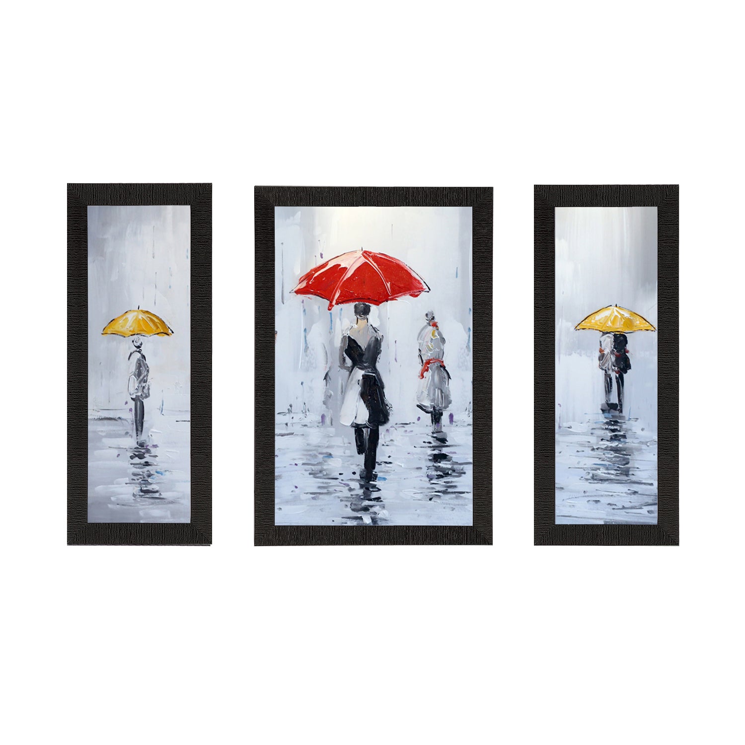 Set of 3 Loving Couple Under Umbrella in rain Satin Matt Texture UV Art Painting