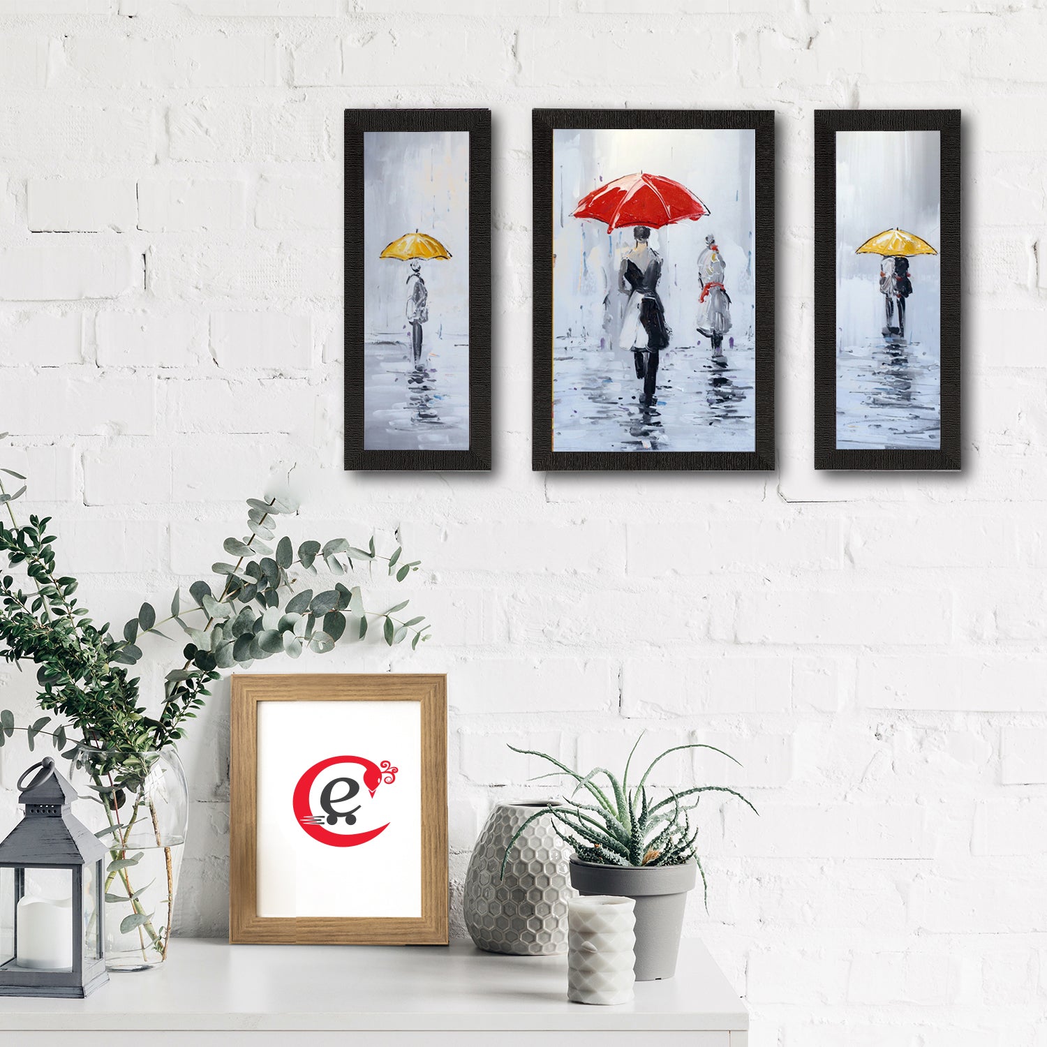 Set of 3 Loving Couple Under Umbrella in rain Satin Matt Texture UV Art Painting 1