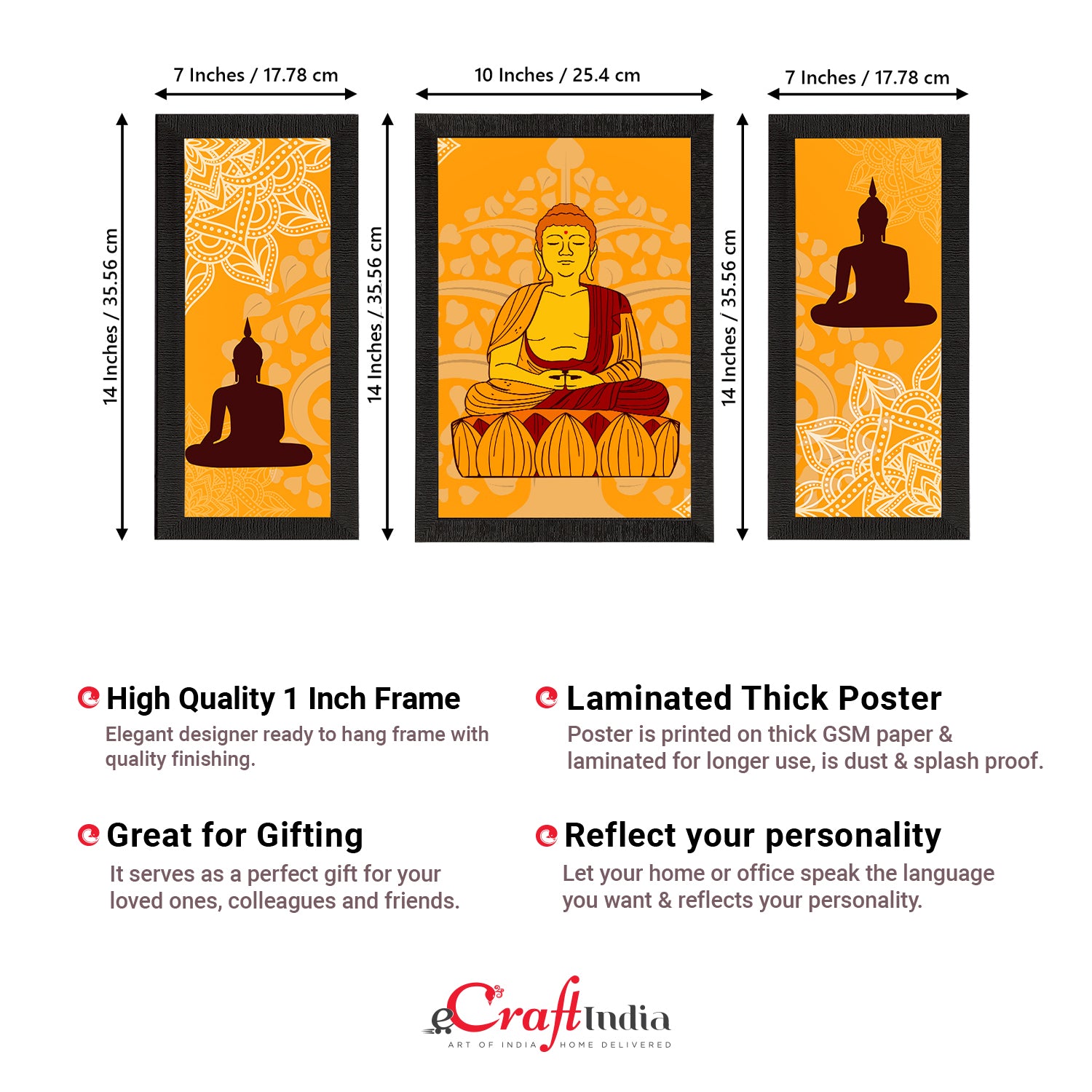 Set of 3 Meditating Lord Buddha Satin Matt Textured UV Art Painting 3