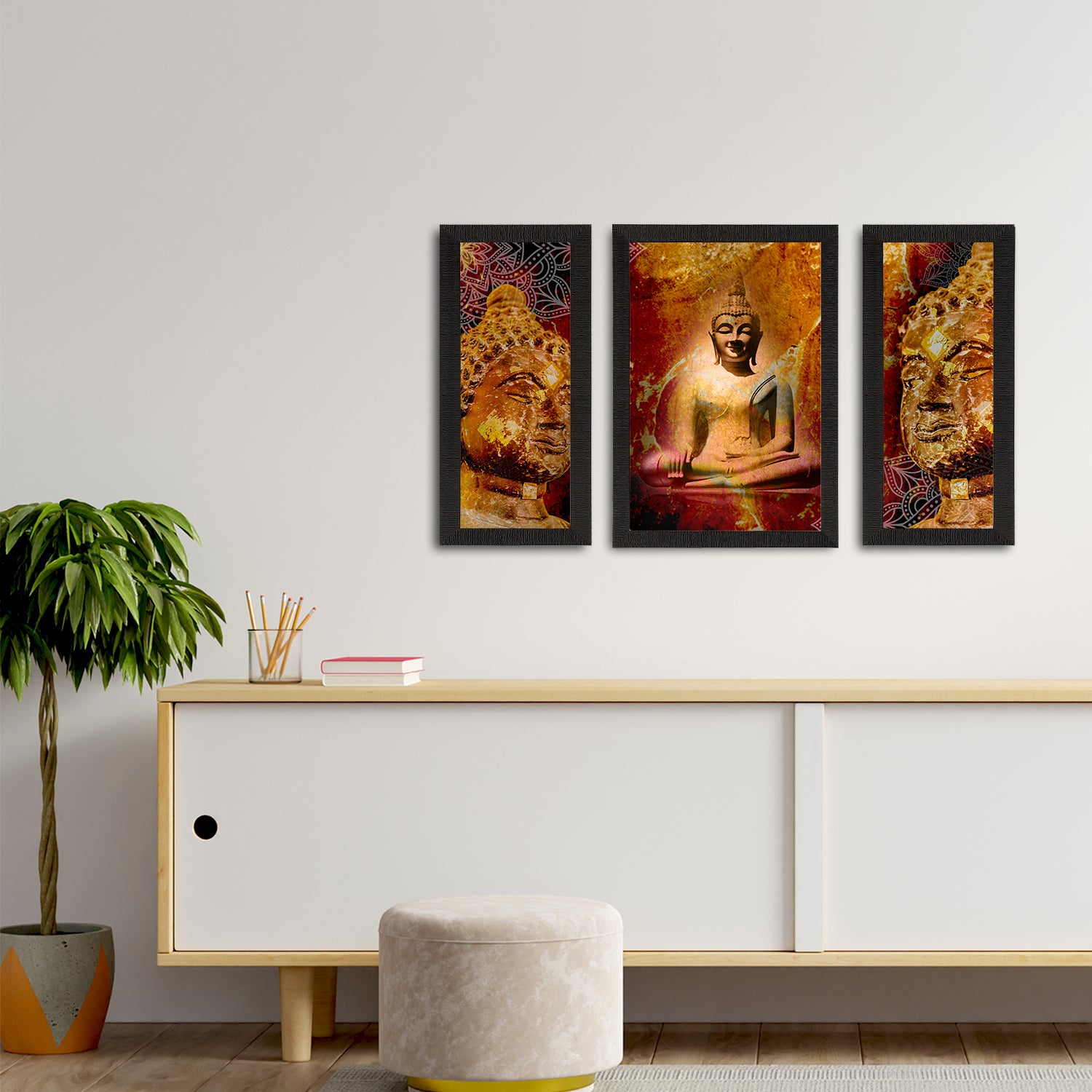 Set of 3 Meditating Lord Buddha Satin Matt Textured UV Art Painting 2