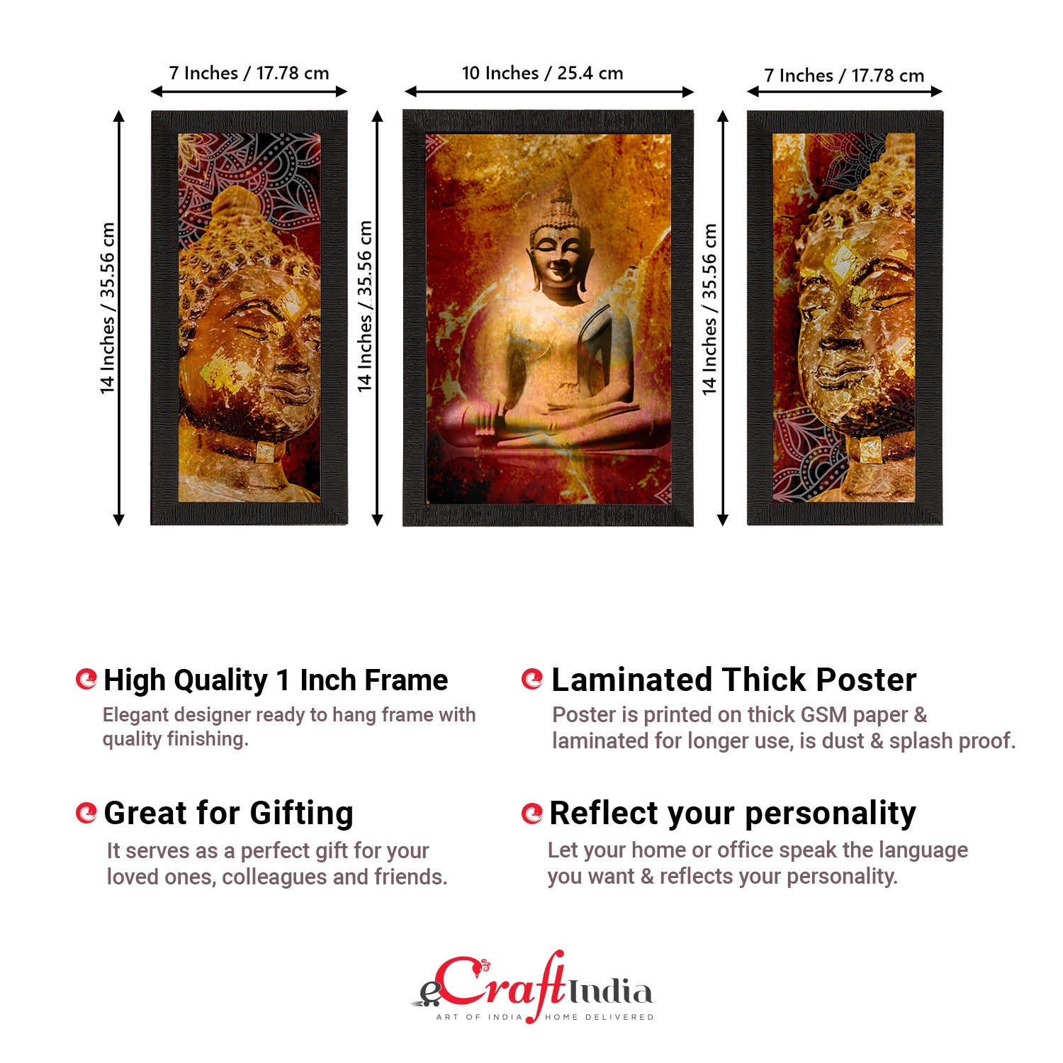 Set of 3 Meditating Lord Buddha Satin Matt Textured UV Art Painting 3