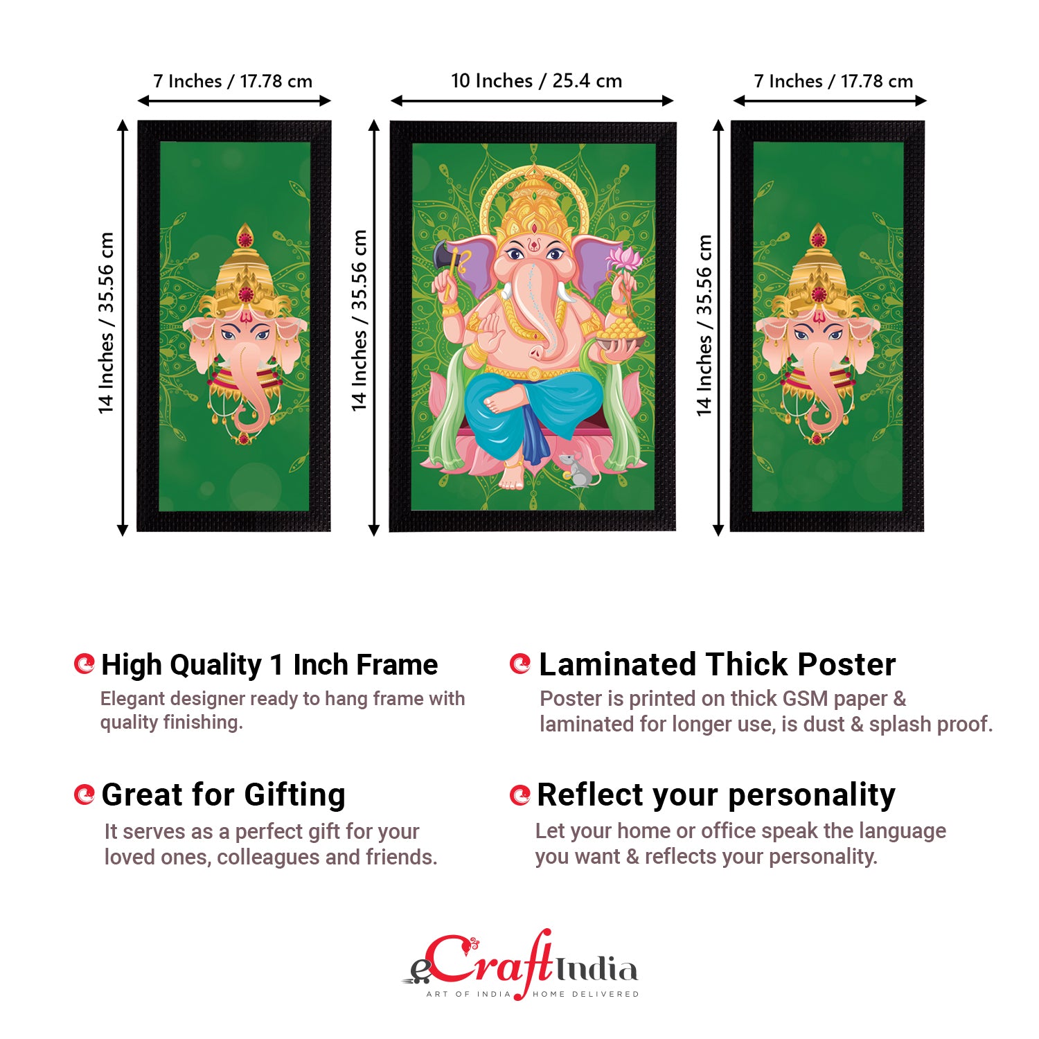 Set of 3 Lord Ganesha Satin Matt Texture UV Art Painting 3