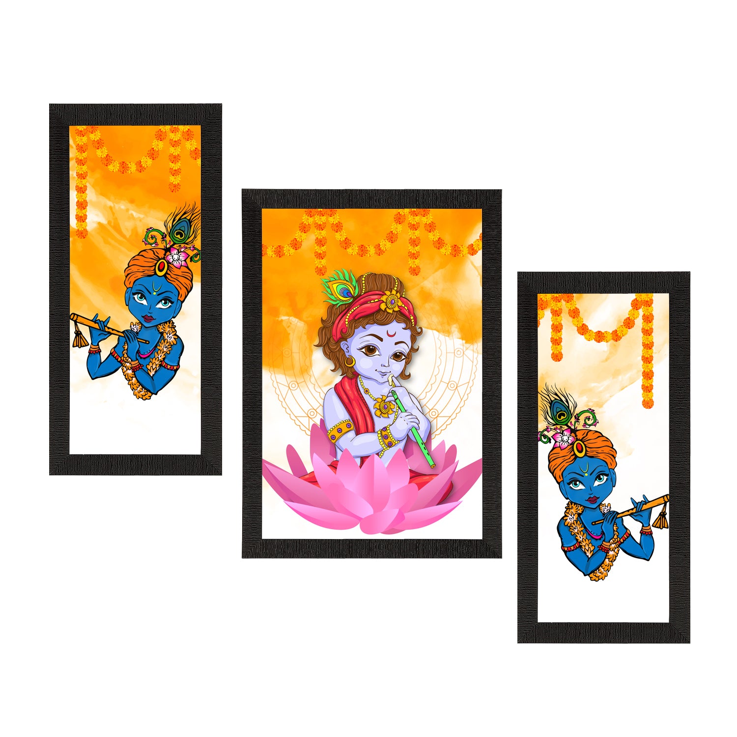 Set of 3 Lord Krishna Satin Matt Texture UV Art Painting