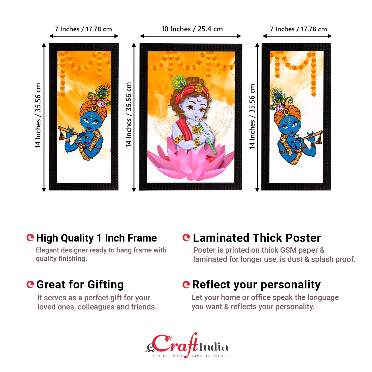 Set of 3 Lord Krishna Satin Matt Texture UV Art Painting 3