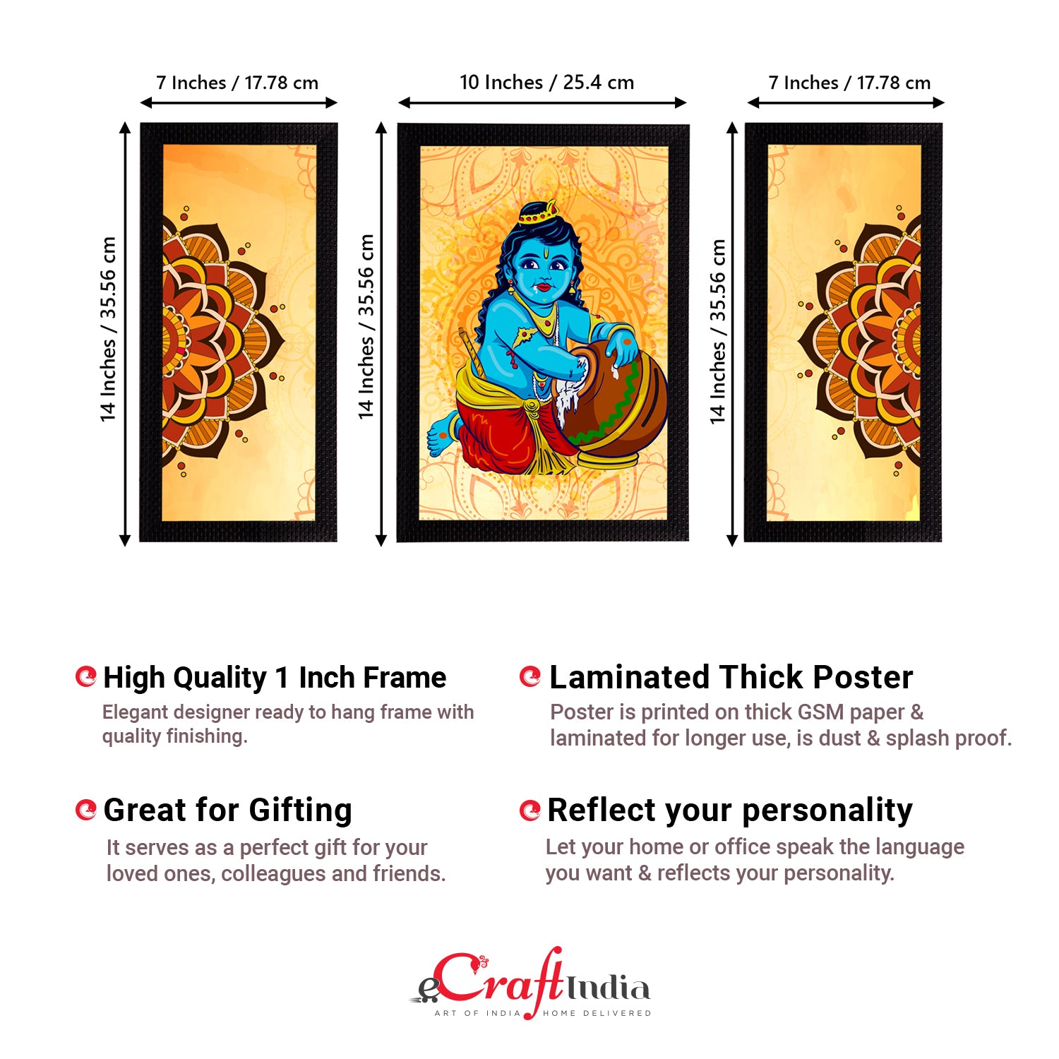 Set of 3 Lord Krishna Satin Matt Texture UV Art Painting 3