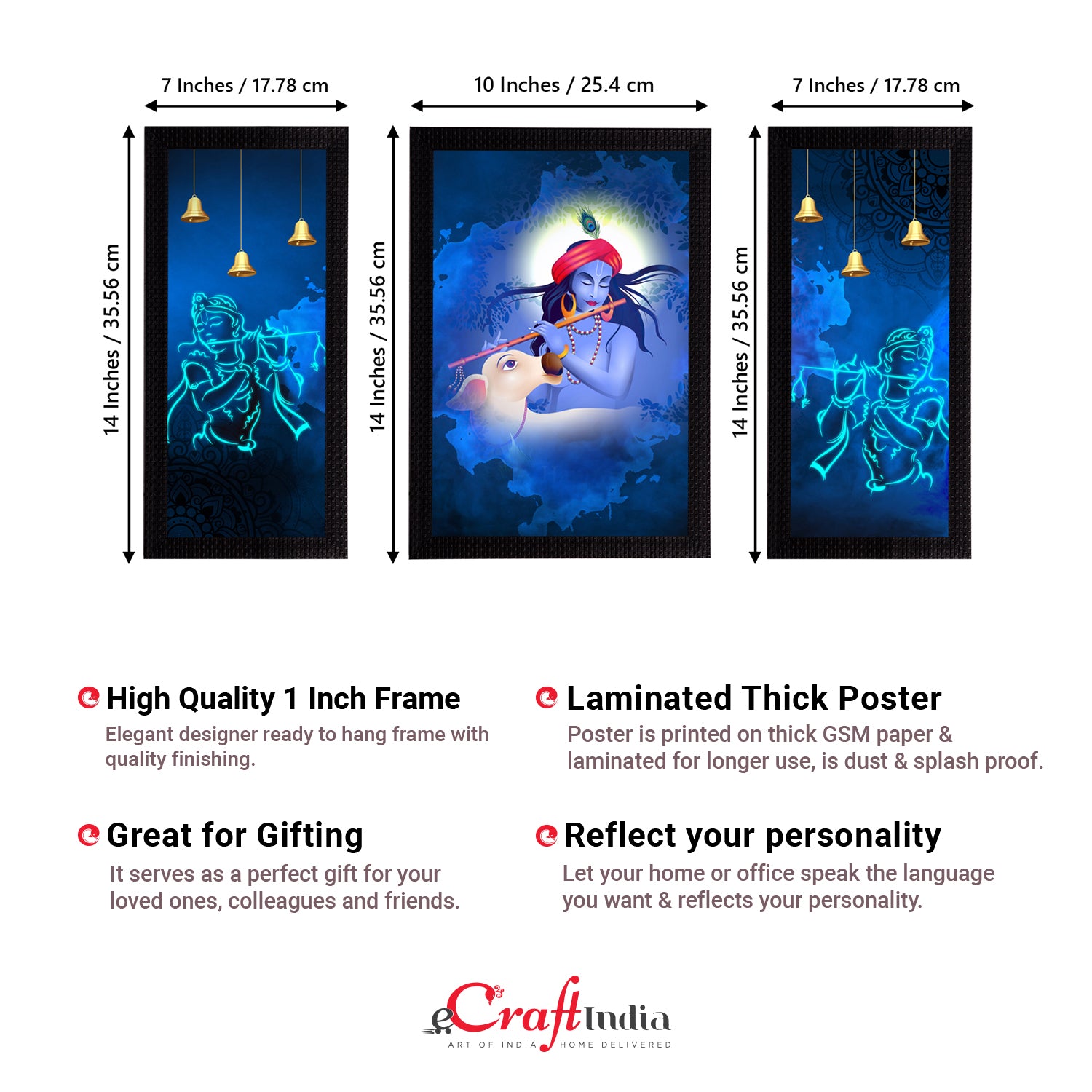 Set of 3 Lord Krishna Satin Matt Texture UV Art Painting 3