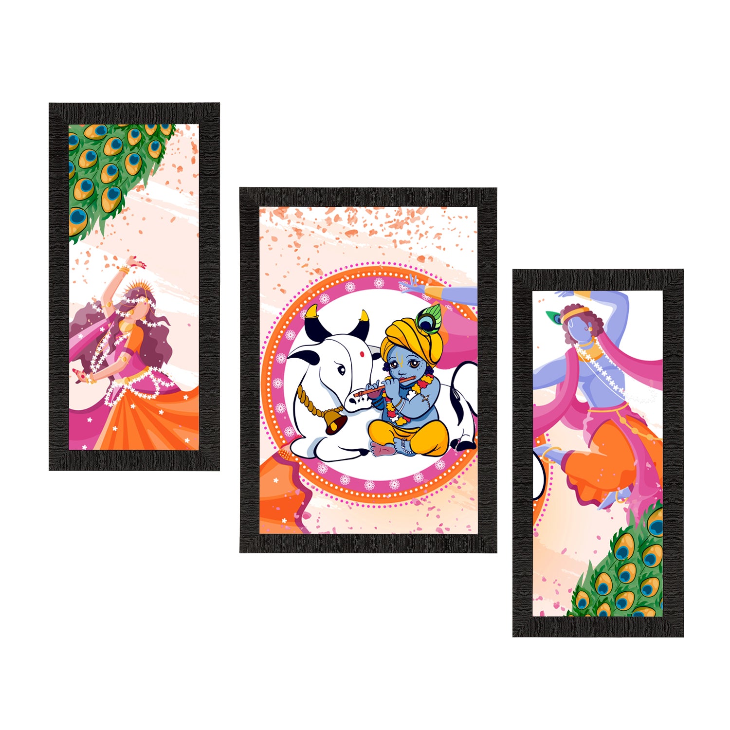 Set of 3 Lord Krishna Satin Matt Texture UV Art Painting