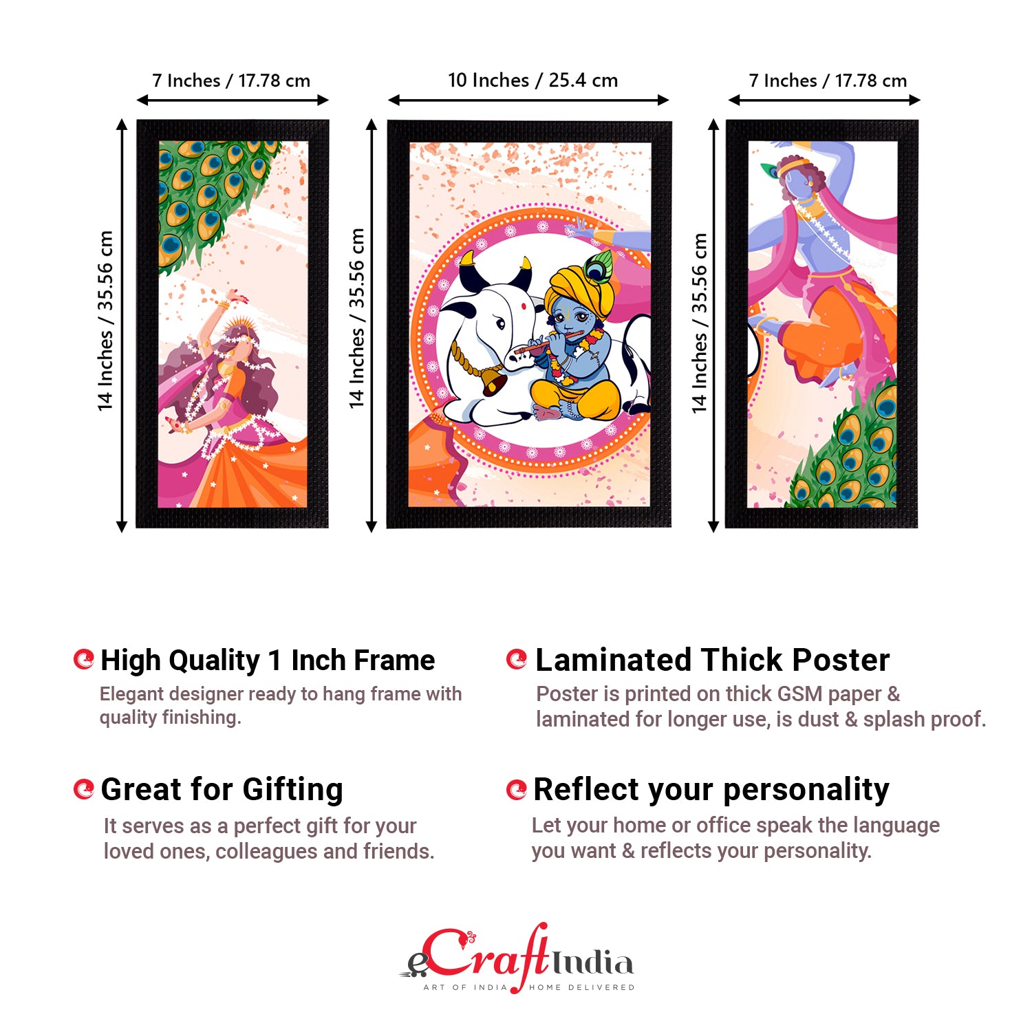Set of 3 Lord Krishna Satin Matt Texture UV Art Painting 3