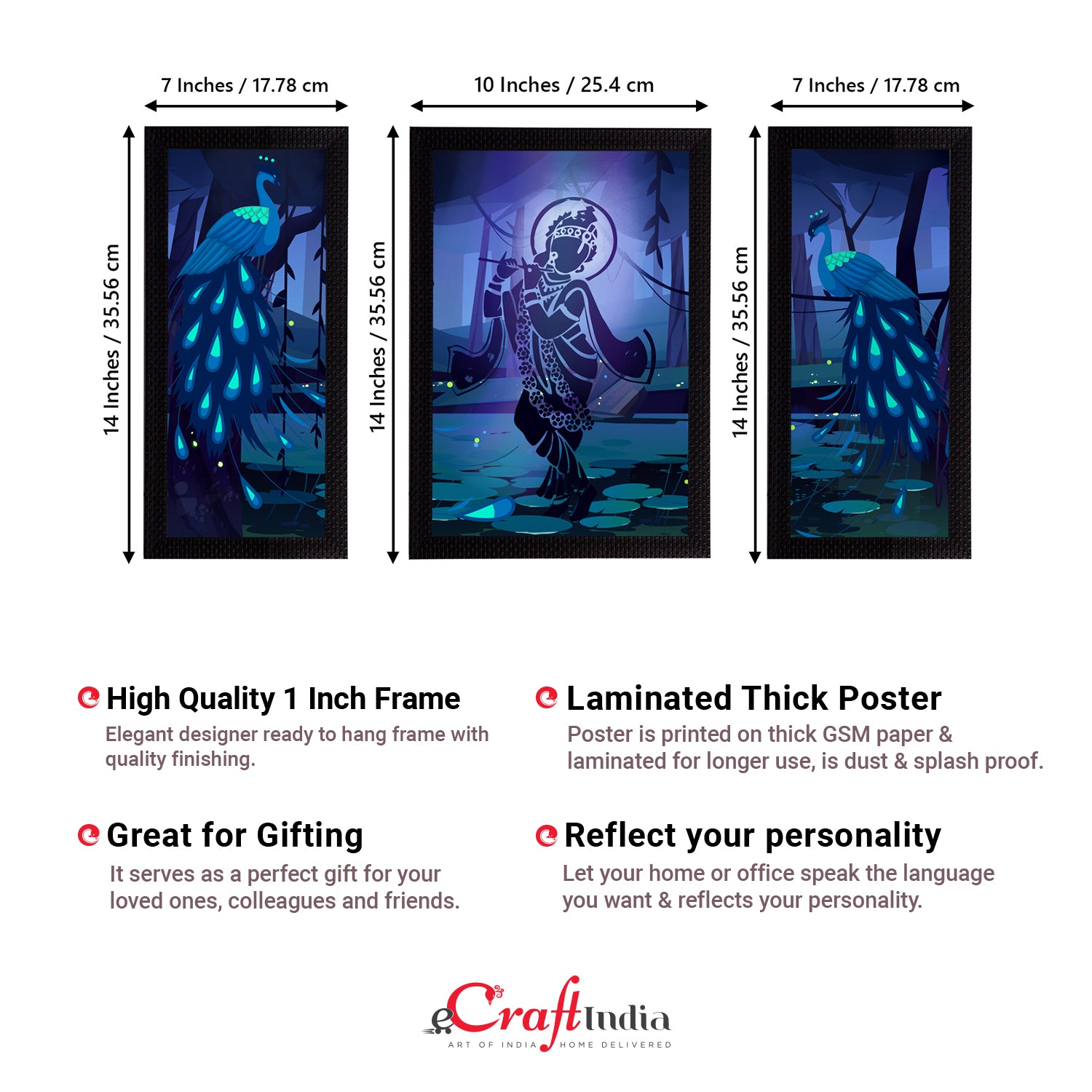 Set of 3 Lord Krishna Satin Matt Texture UV Art Painting 3