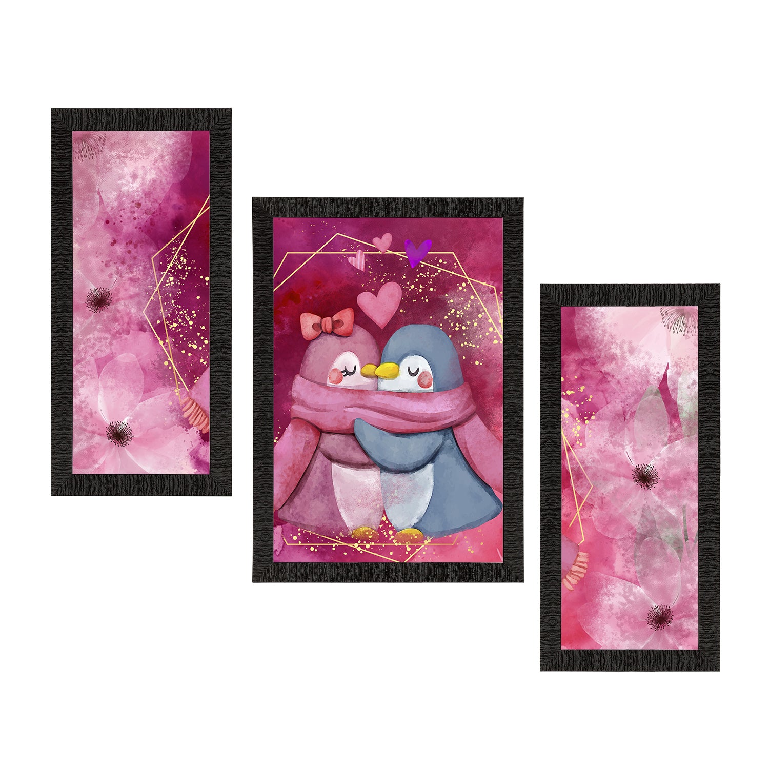 Set of 3 Romantic Penguin Couple Satin Matt Texture UV Art Painting