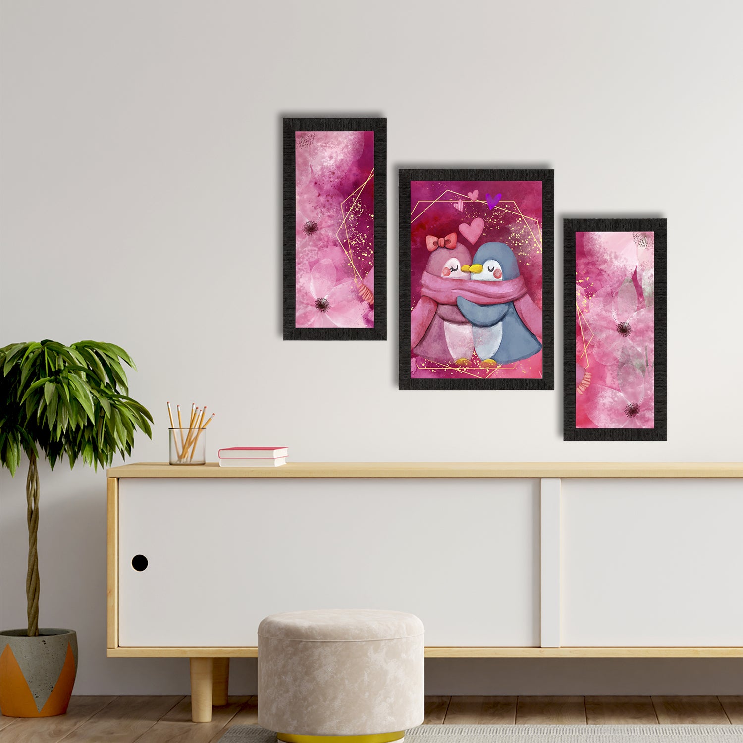 Set of 3 Romantic Penguin Couple Satin Matt Texture UV Art Painting 2