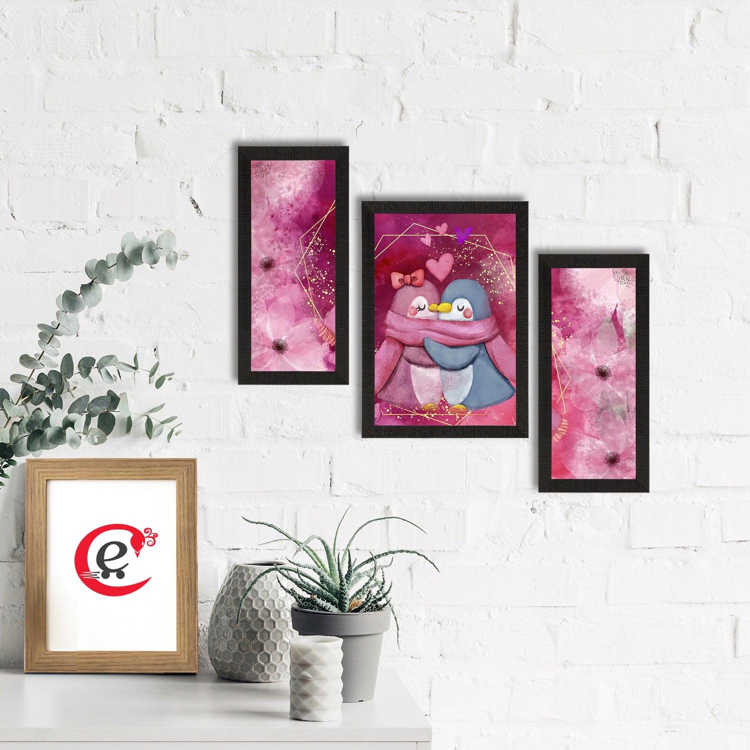 Set of 3 Romantic Penguin Couple Satin Matt Texture UV Art Painting 1