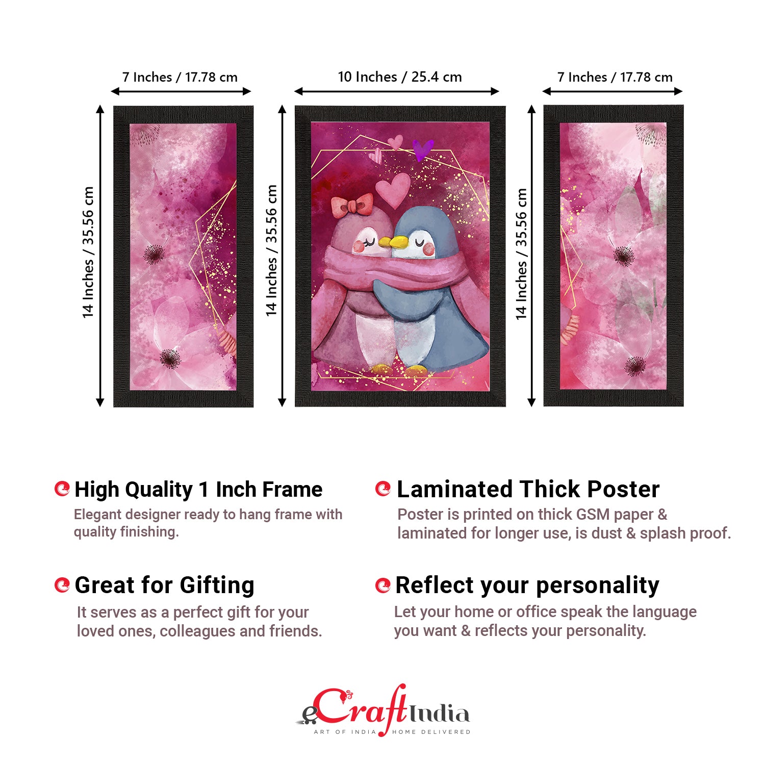 Set of 3 Romantic Penguin Couple Satin Matt Texture UV Art Painting 3