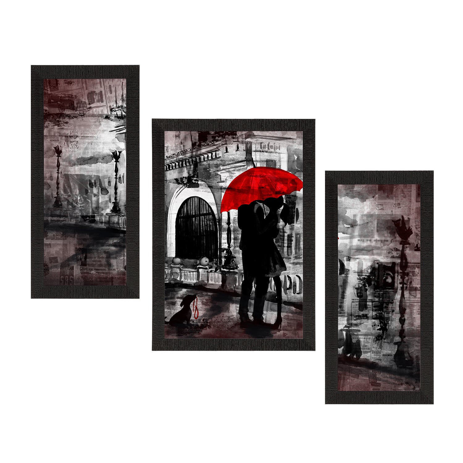 Set of 3 Loving Couple Under Umbrella Valentine Theme Satin Matt Texture UV Art Painting