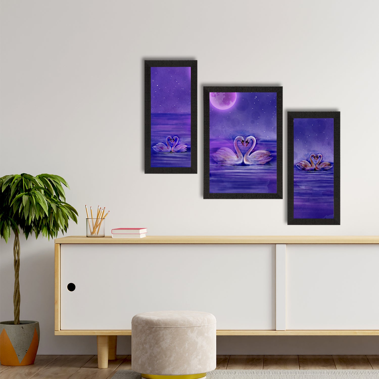 Set of 3 Loving Swan Couple Satin Matt Texture UV Art Painting 2