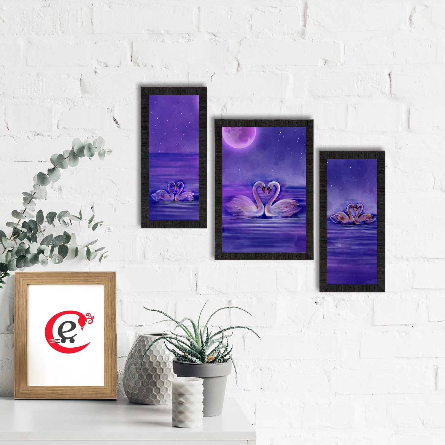 Set of 3 Loving Swan Couple Satin Matt Texture UV Art Painting 1