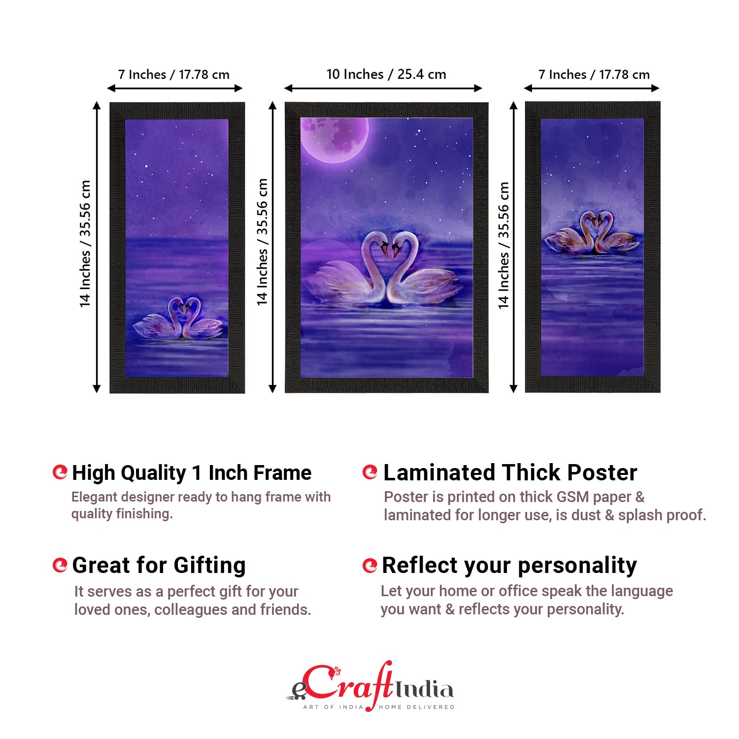 Set of 3 Loving Swan Couple Satin Matt Texture UV Art Painting 3