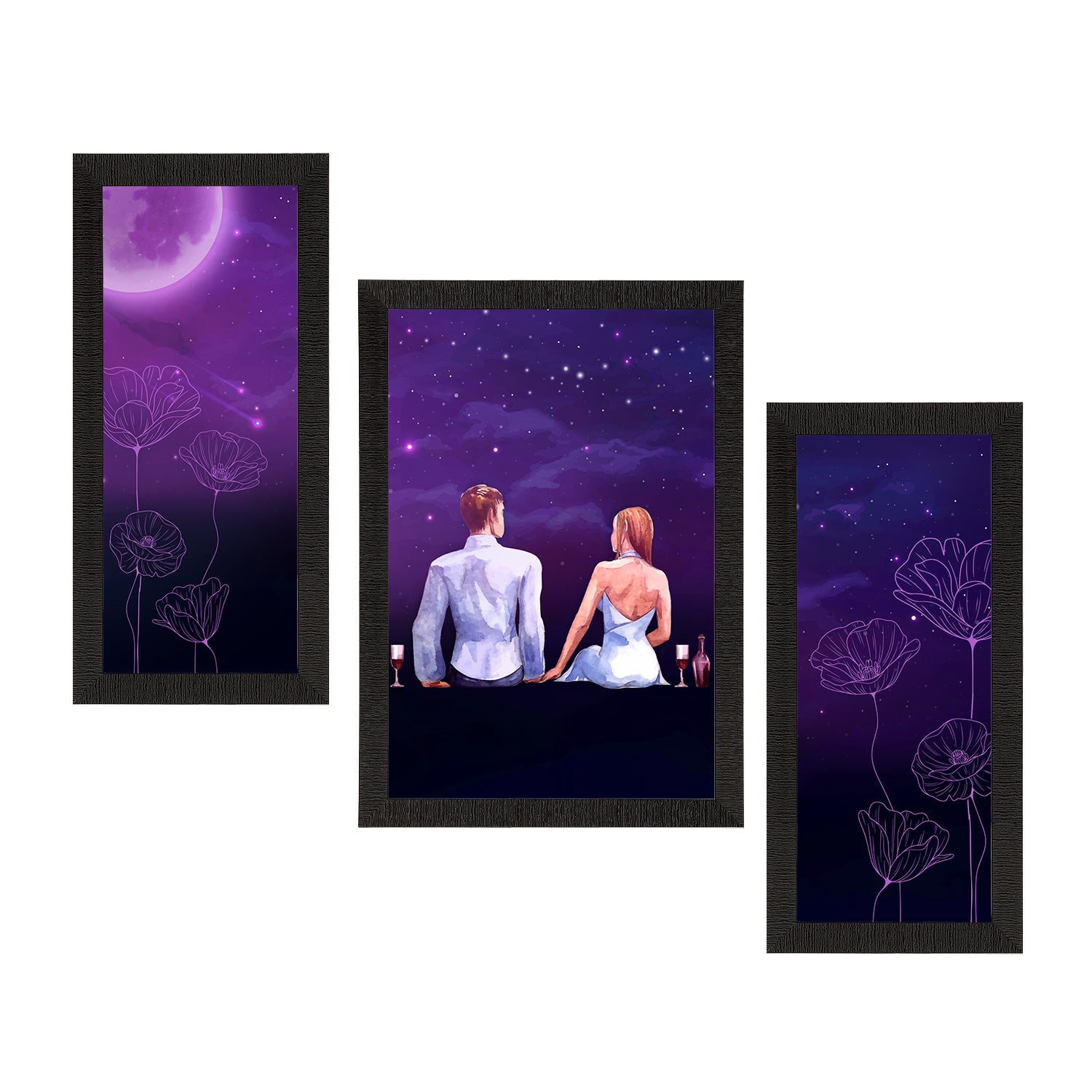Set of 3 Loving Couple Sitting Under Moon Light Satin Matt Texture UV Art Painting