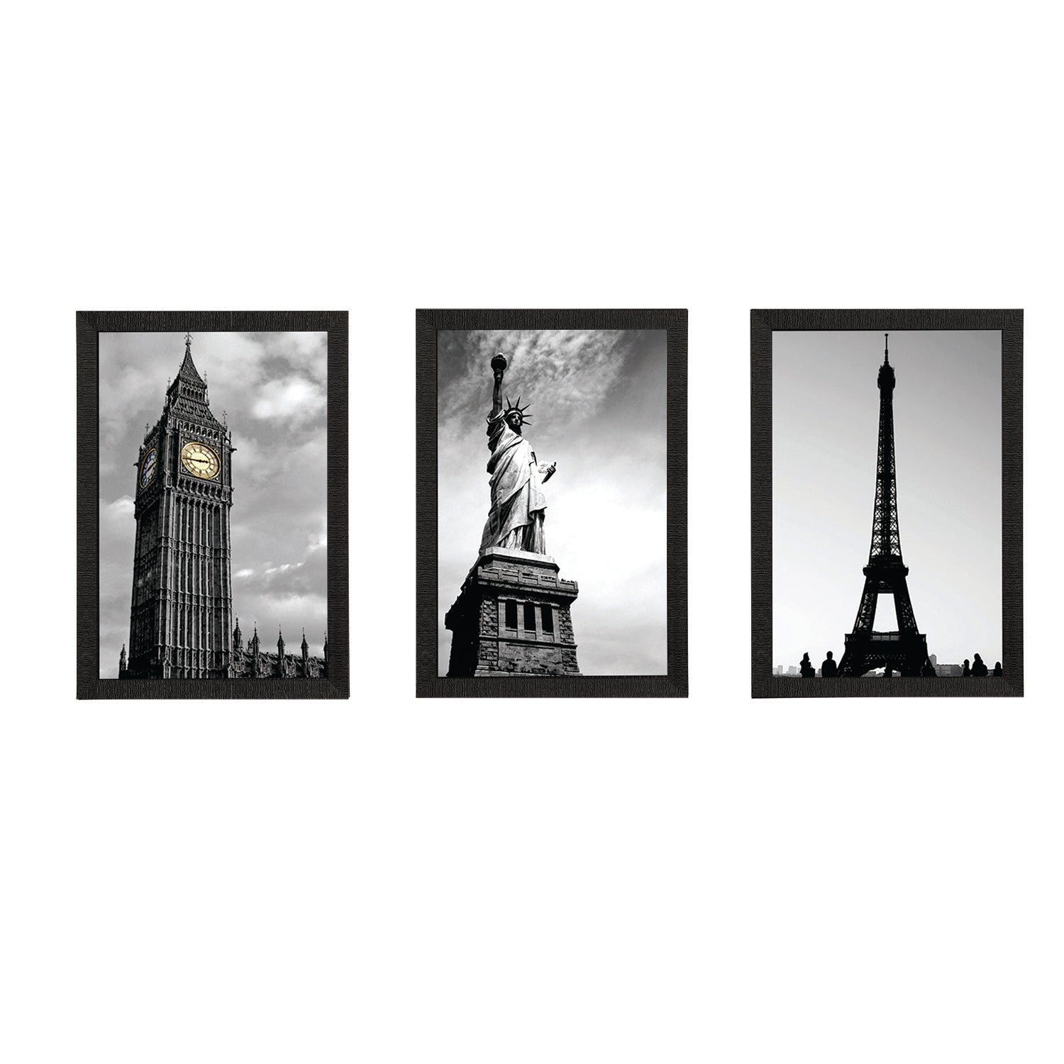 Set Of 3 Clock Tower, Statue of Liberty and Eiffel Tower Satin Matt Texture UV Art Painting